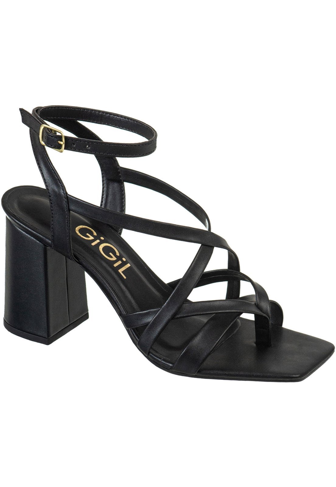 Sandália Feminina GiGiL Salto Alto Bloco Bico Quadrado Tiras Cruzadas Fivela Casual Preto