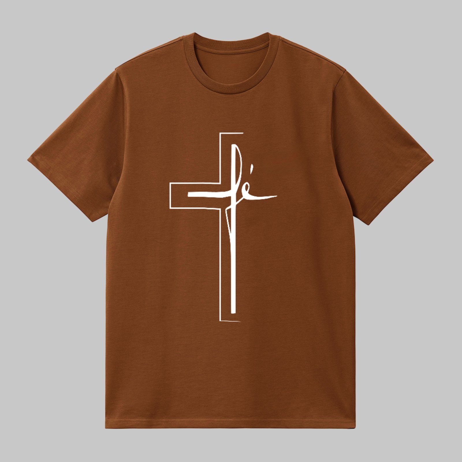 Camiseta Básica Cruz Fé Cristã Minimalista Unissex Marrom