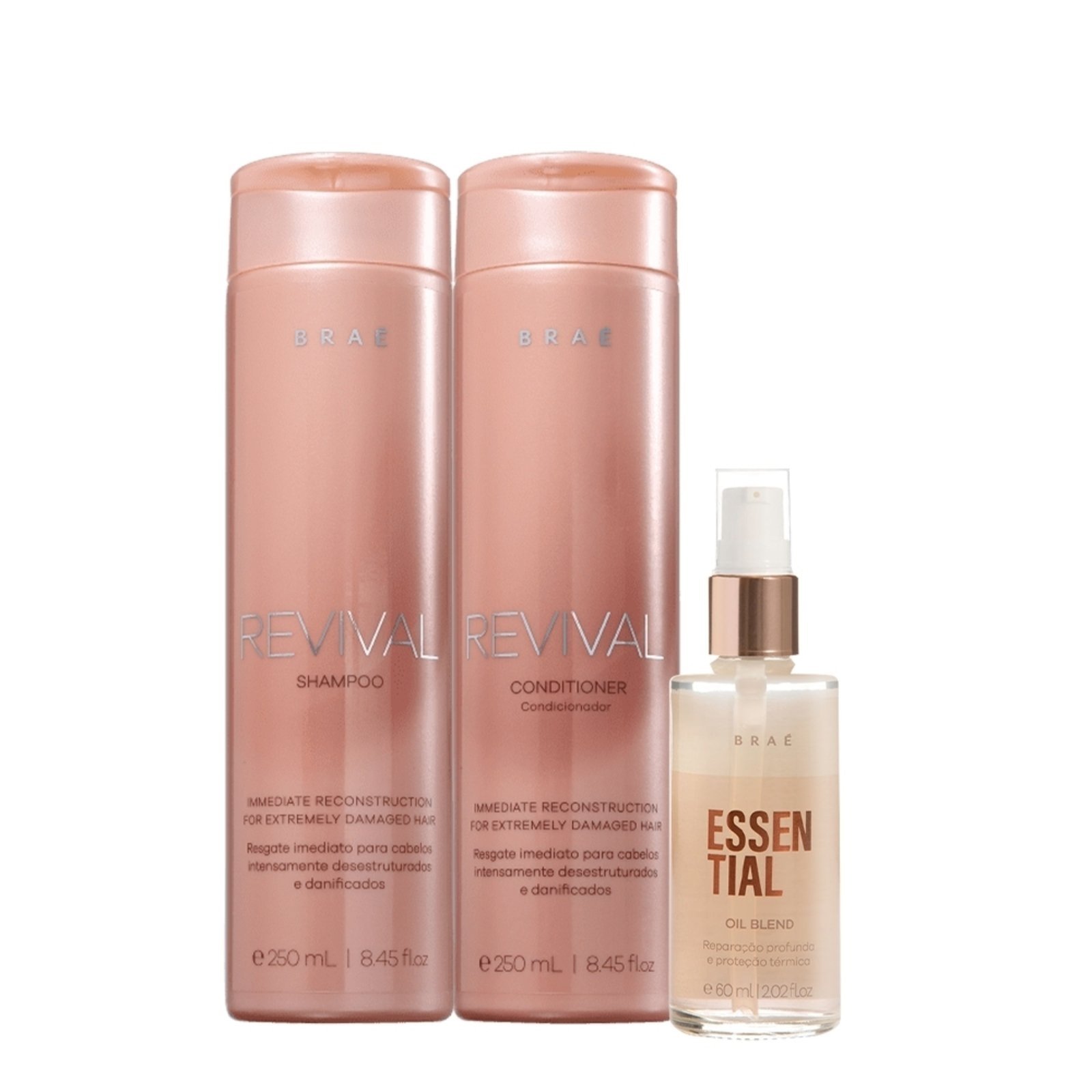 Kit Braé Revival Shampoo Condicionador e Essential Oil Blend (3 produtos)