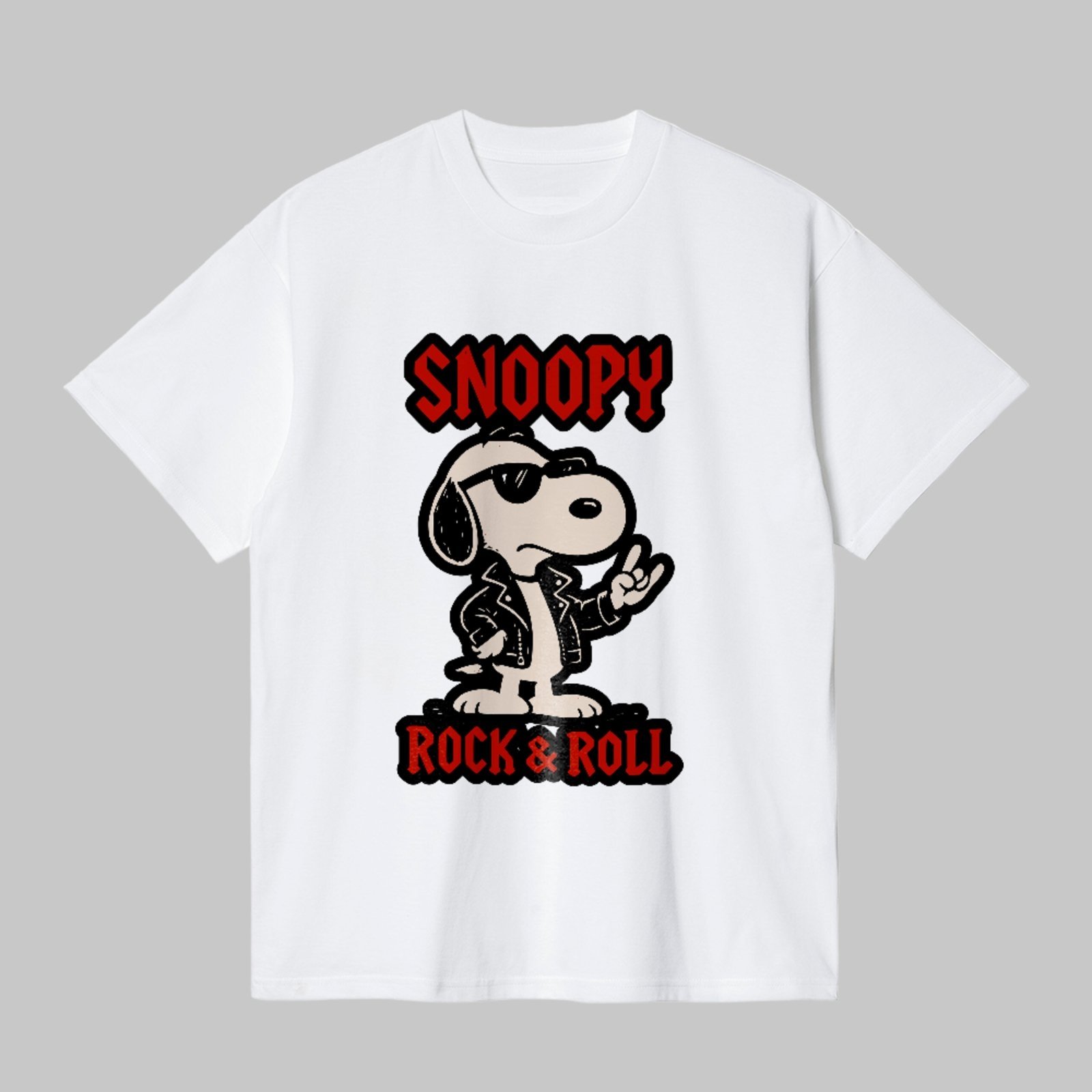 Camiseta Básica Rock N Roll Retrô Snoopy Unissex Branco