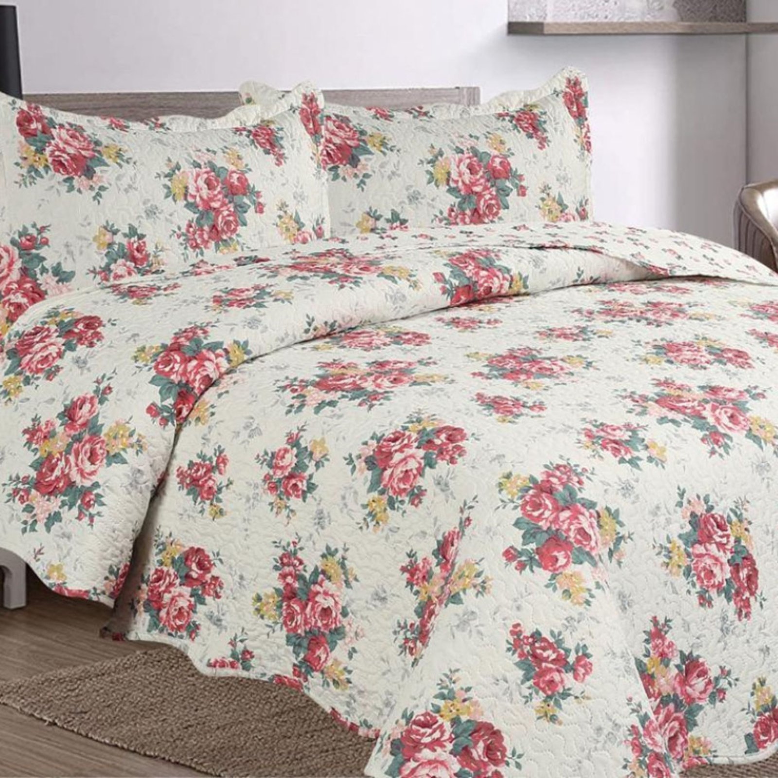 Kit Cobre Leito Colcha Casa Scarpa Mix King Estampado Dupla Face Floral 3 Peças - Maracris