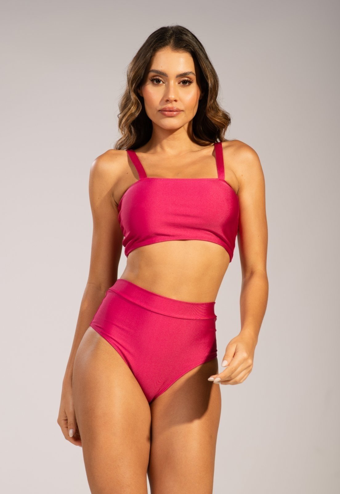 Biquíni Top Faixa WLS Modas Hot Pants Liso Cintura Alta Verão Rosa