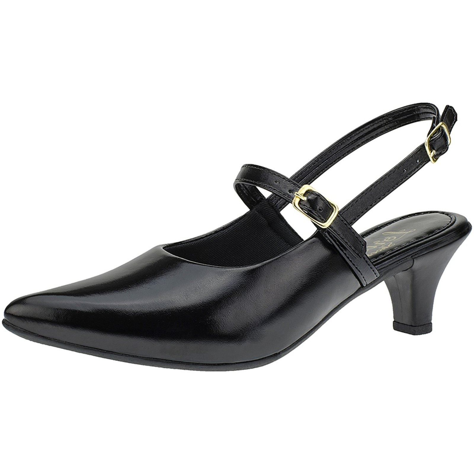 Sapato Lóris Shoes Feminino Scarpin Salto Baixo Fino Sapato SlingBack Retrô 205-01 Preto Sintético