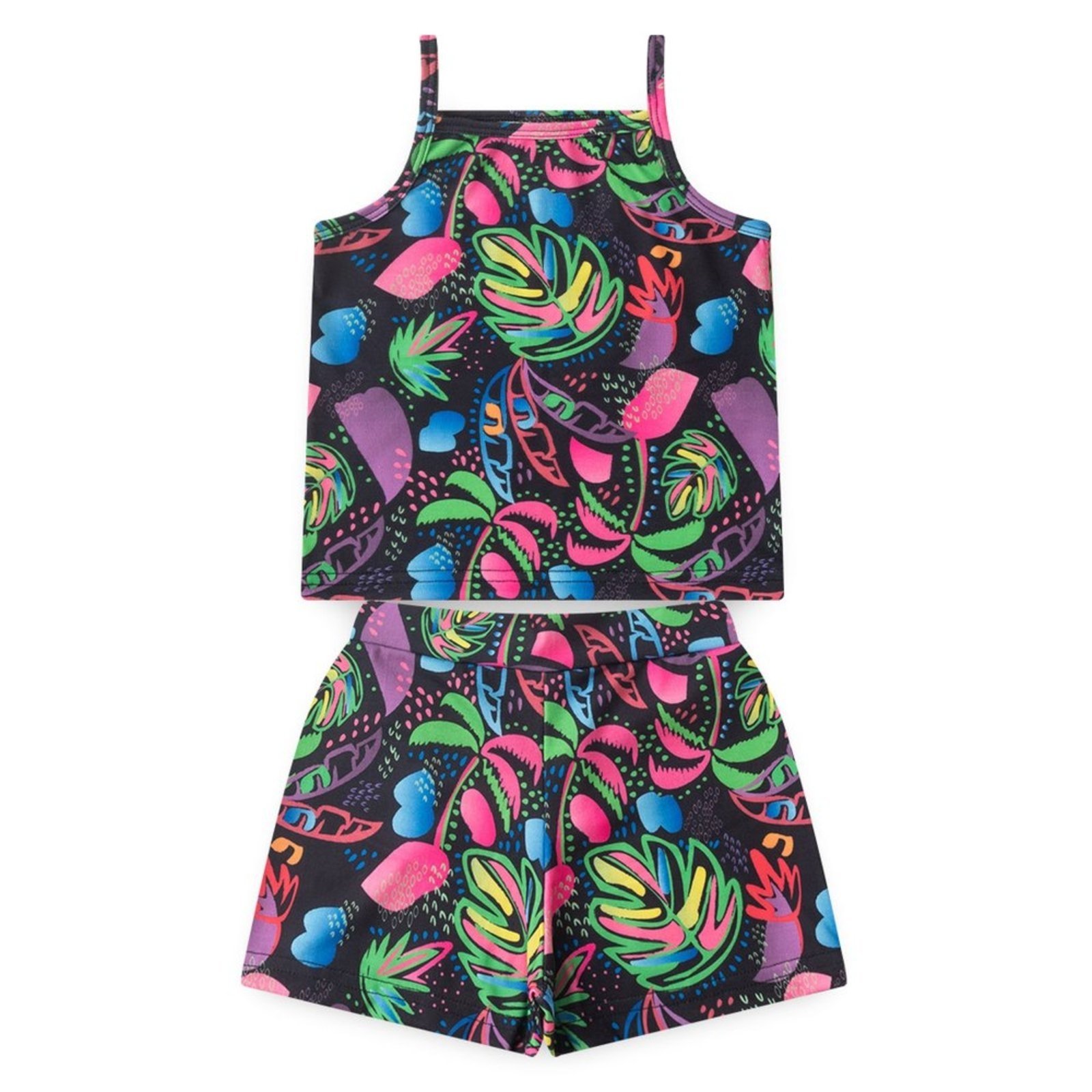 Vista 3 Infantil - Conjunto Verão Menina Cropped Alcinha e Short Folhagens Vibrantes Molekada preto Molekada preto