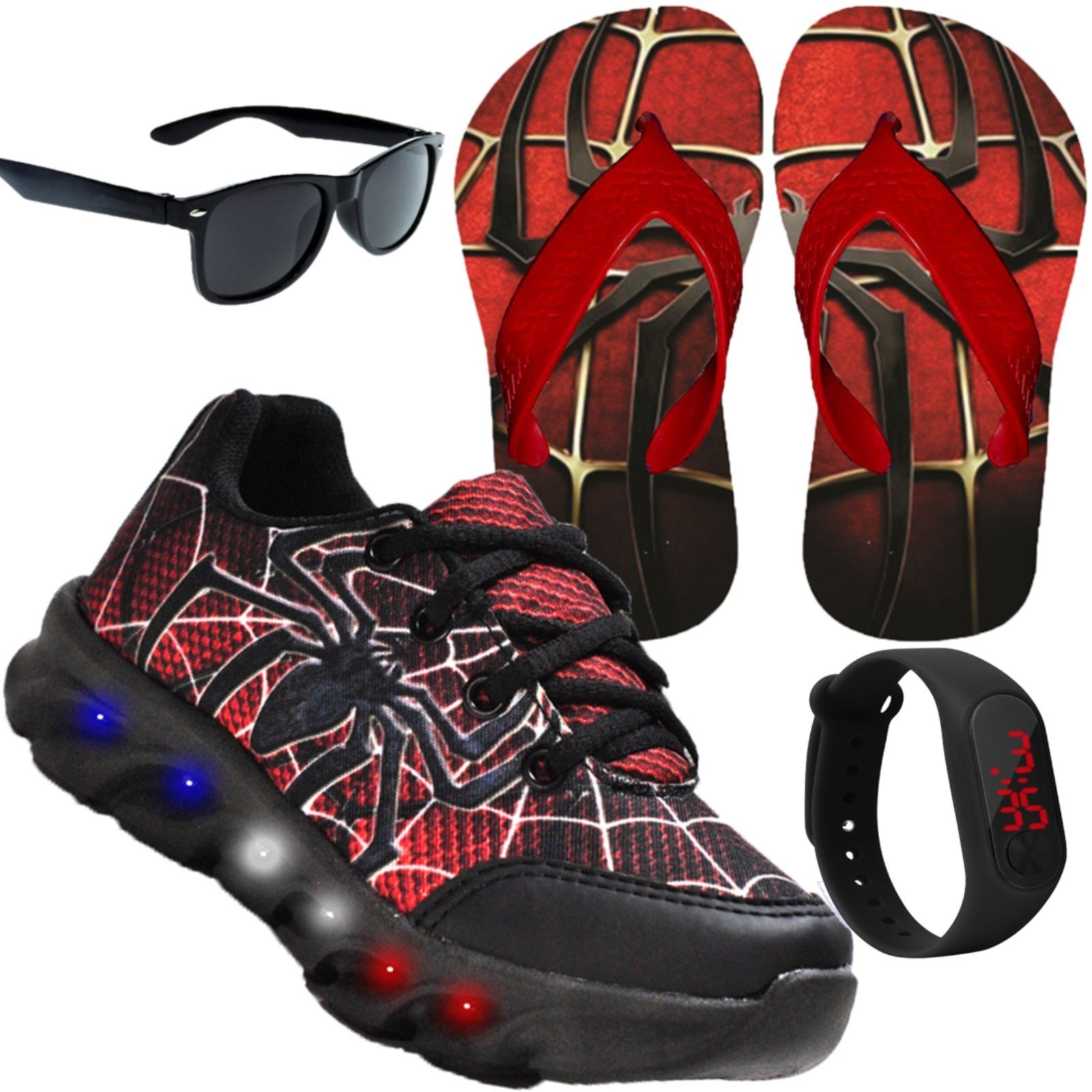 Infantil – Tenis Masculino de Led Aranha Calce Facil Original + Chinelo + Brindes