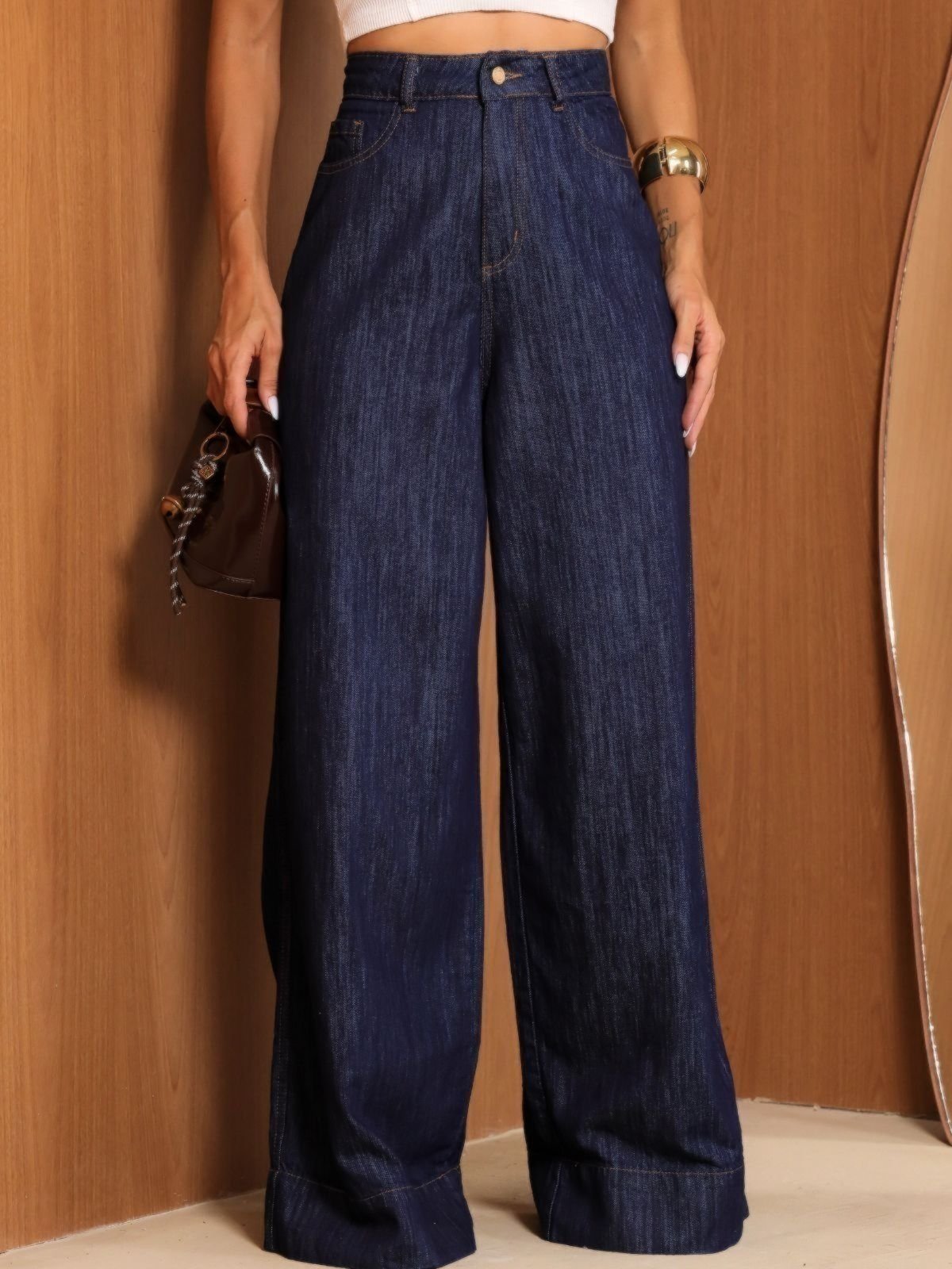 Calça Jeans Crawling Azul Escuro Pantalona Cintura Alta Feminina