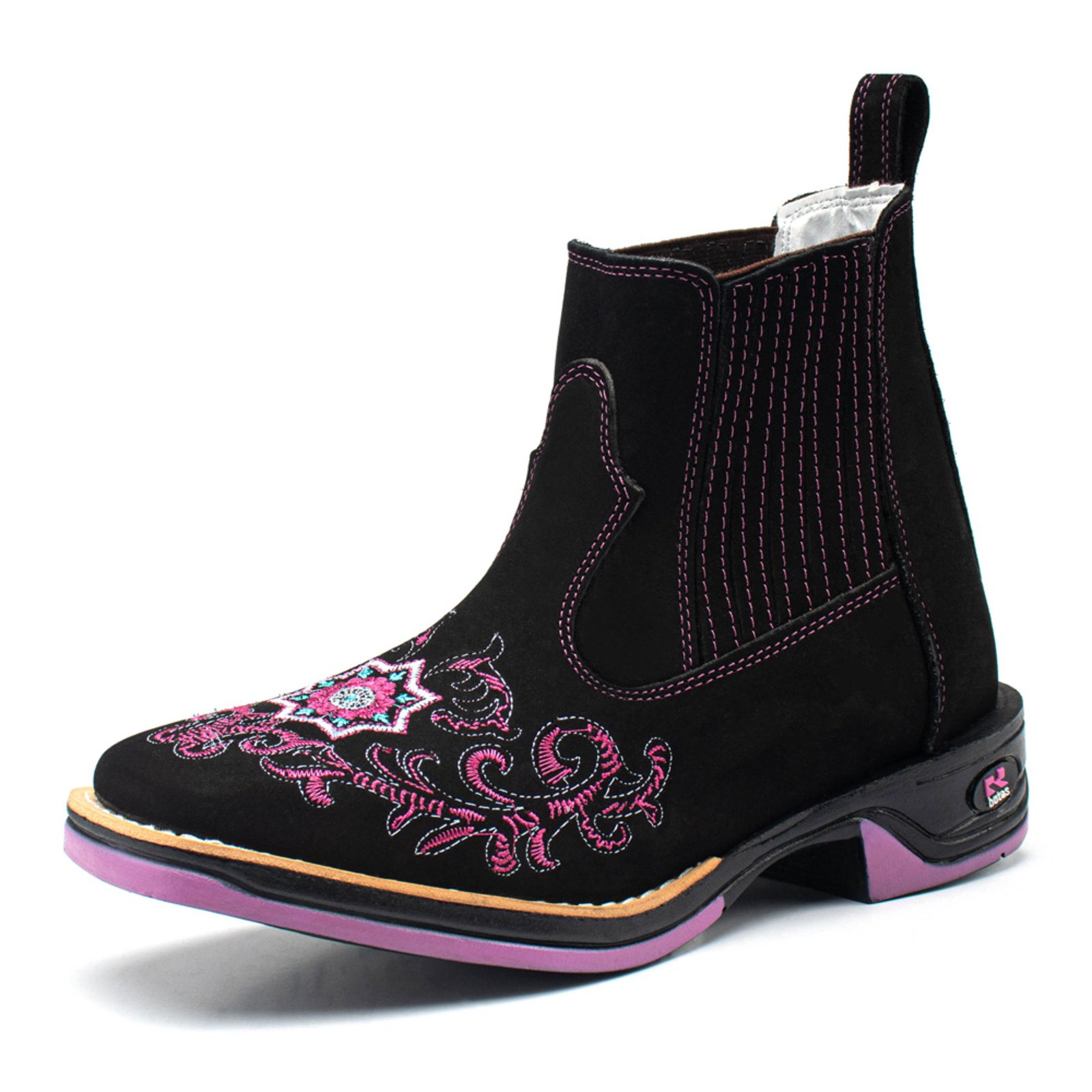 Bota Feminina RR Botas Texana Country Couro Boradado Flor Bico Quadrado Preto Rosa