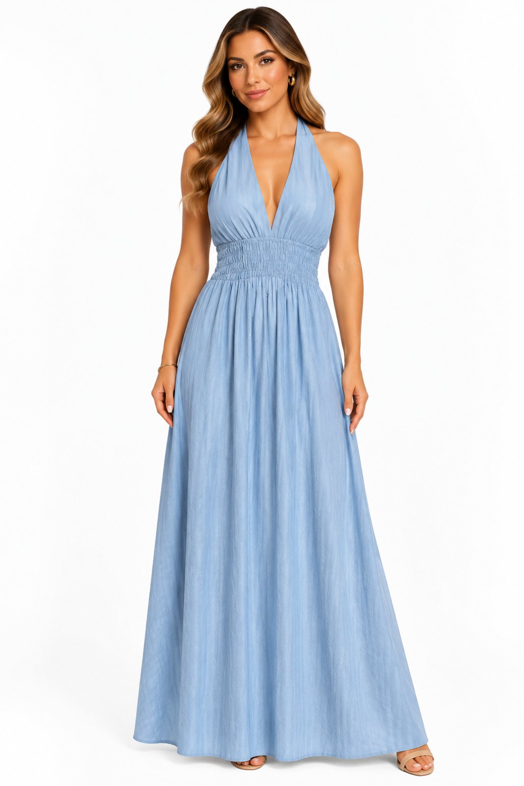 Vestido Longo D Bell Outlet Fashion Frente Única Listras Finas Azul Celeste