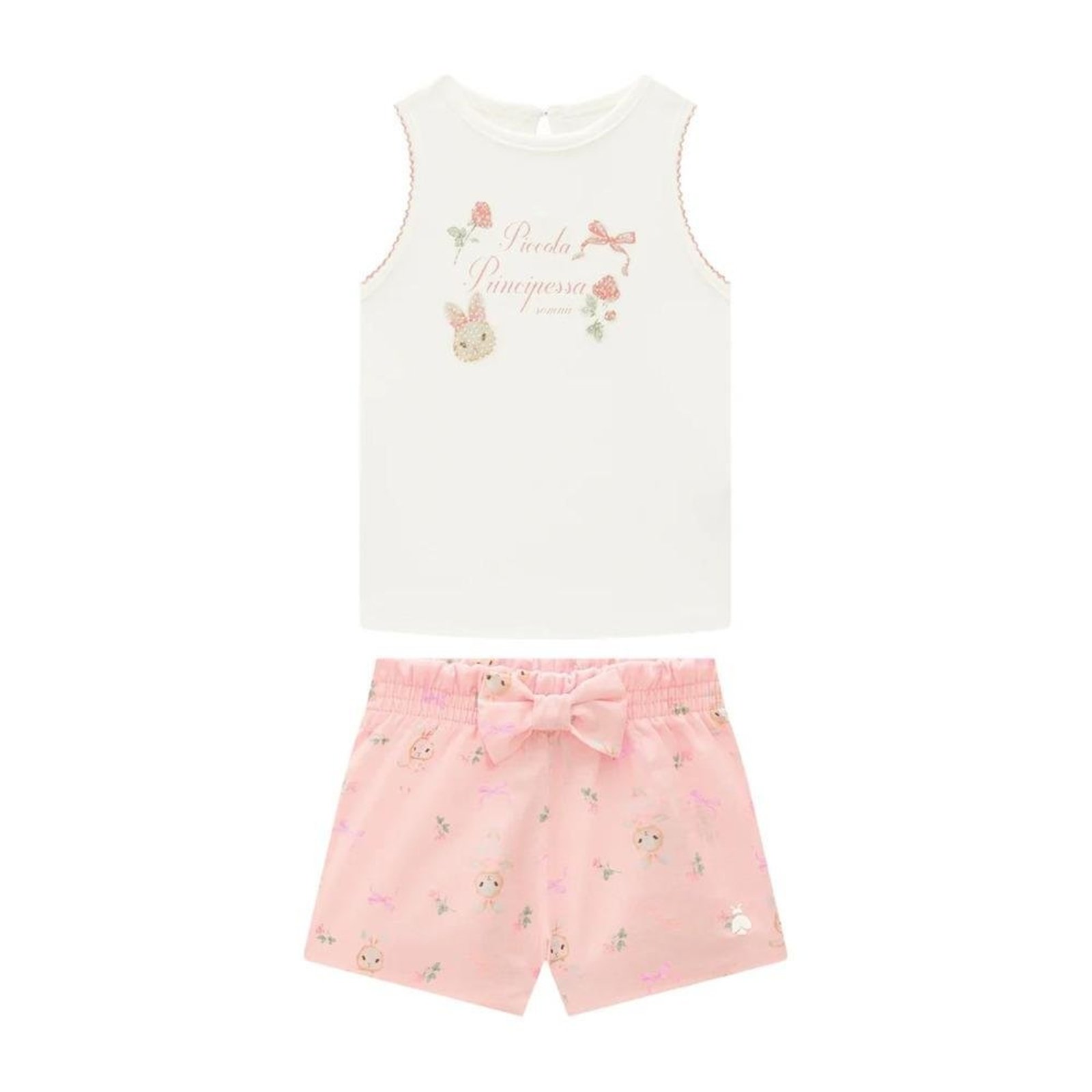Infantil - Pijama Feminino Curto Regata Shorts Estampado Somni Branco Rosa 1 Rosa