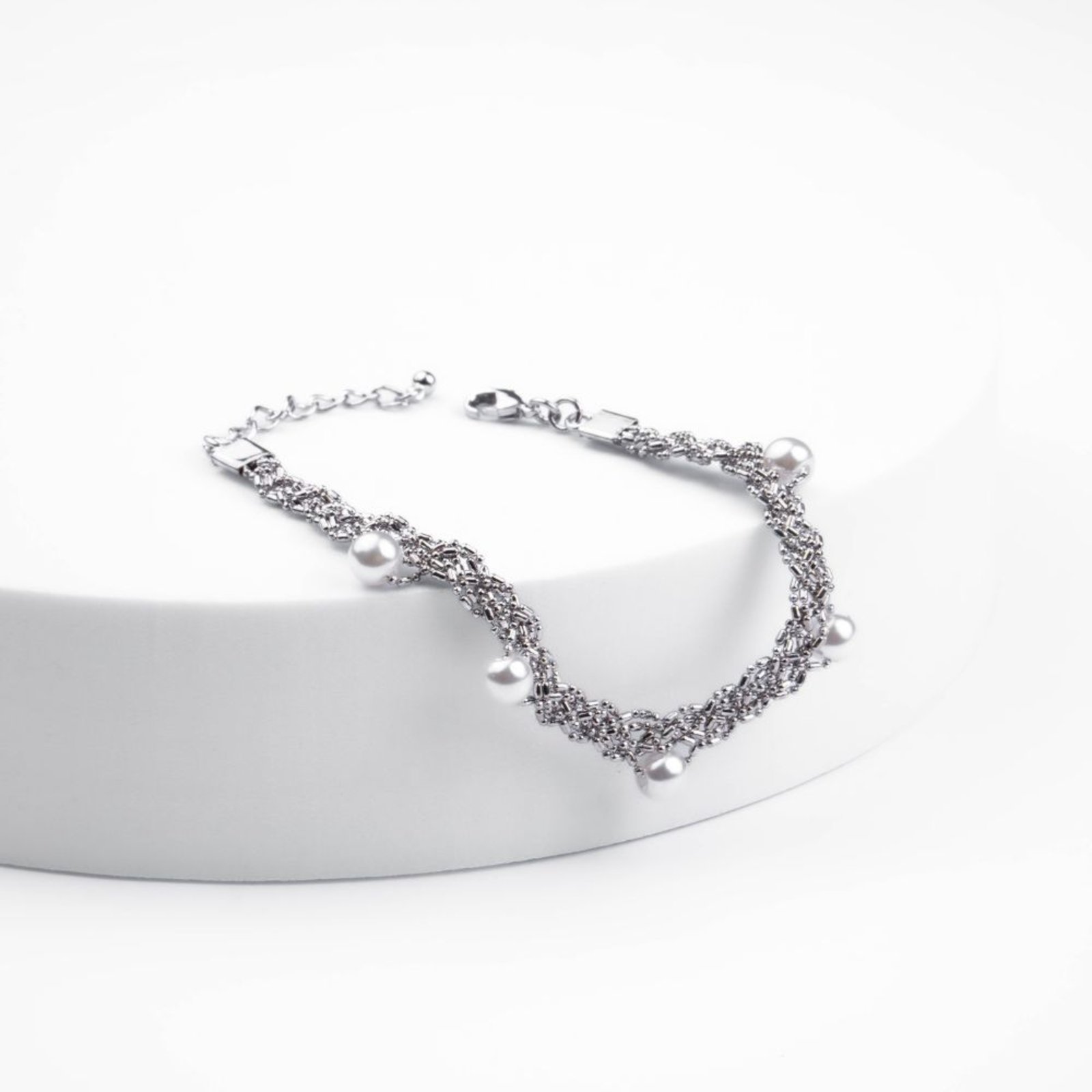 Infantil – Pulseira Malha Rendada com Pérolas Semijoia Banhado a Ródio Ania Store
