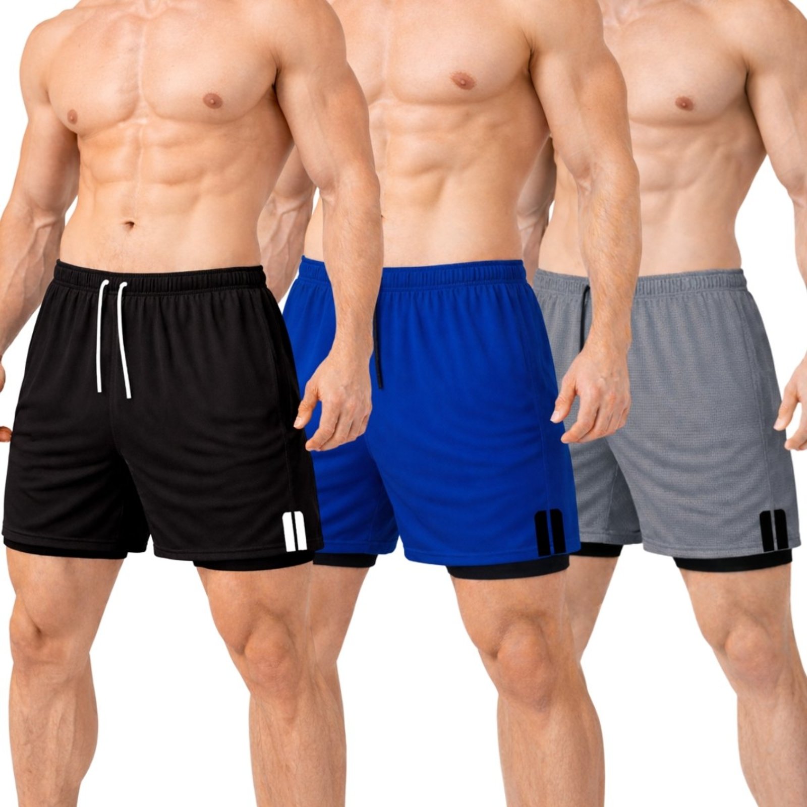Kit 3 Short Treino Dry Fit Térmico 2 em 1 com Bolso para Celular e Porta-Toalha Calção Fitness Academia