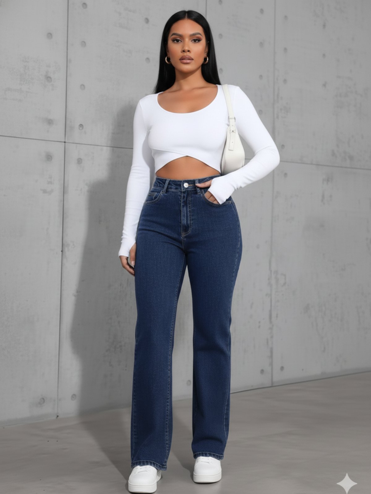 Calça Widleg Feminina Jeans Alpha Street Wear Estilo Gringa Fashion e Confortavel Azul Escura