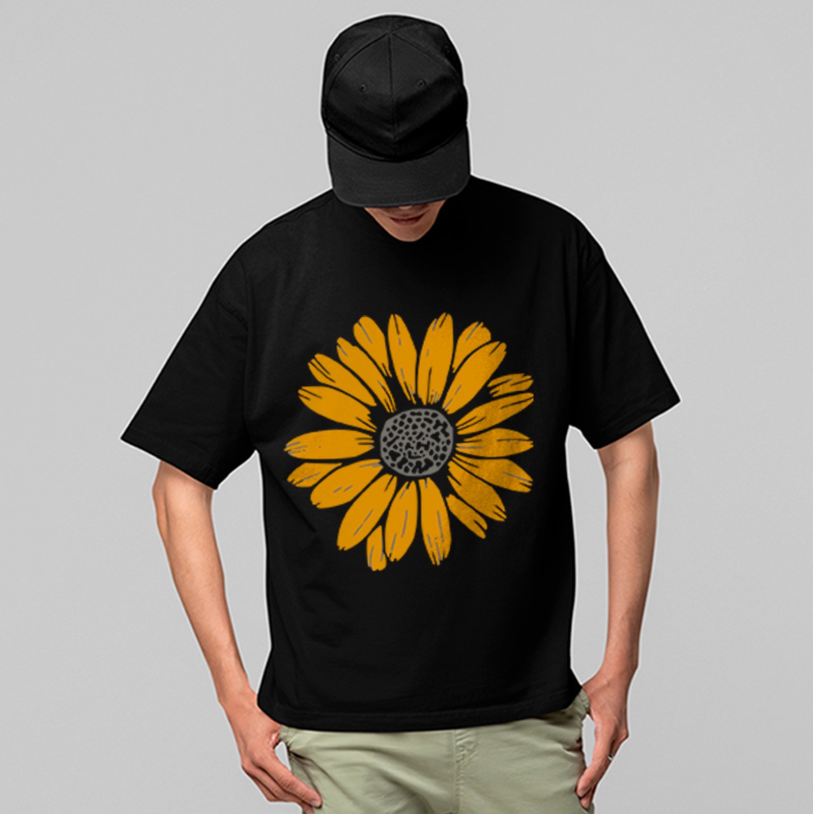 Camiseta Oversized Sunflower Flower Style Unissex Preto