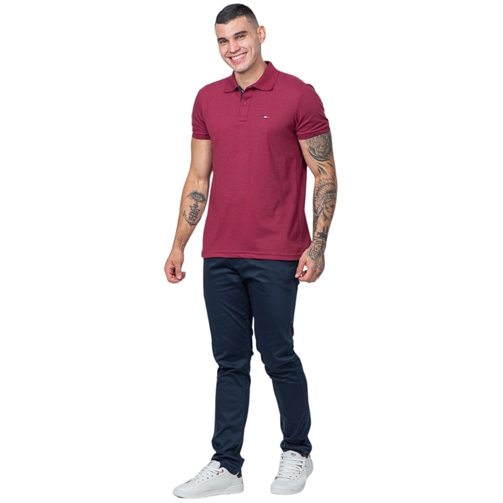 Camisa Polo Masculina Básica Industrie Piquet no Estilo Tommy Bordado França Bordô