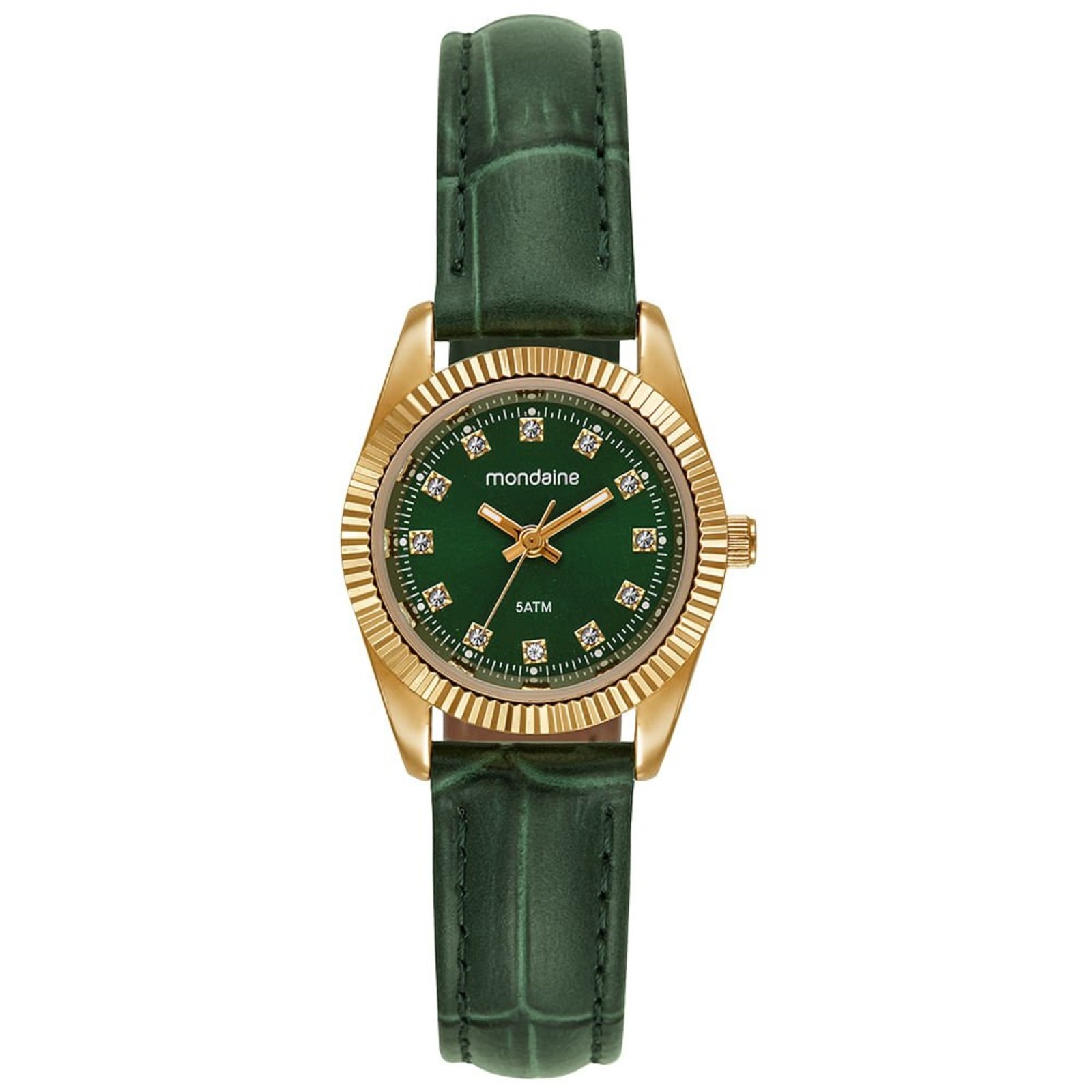 Relógio Feminino Caixa Pequena Couro Dourado e Verde Mondaine