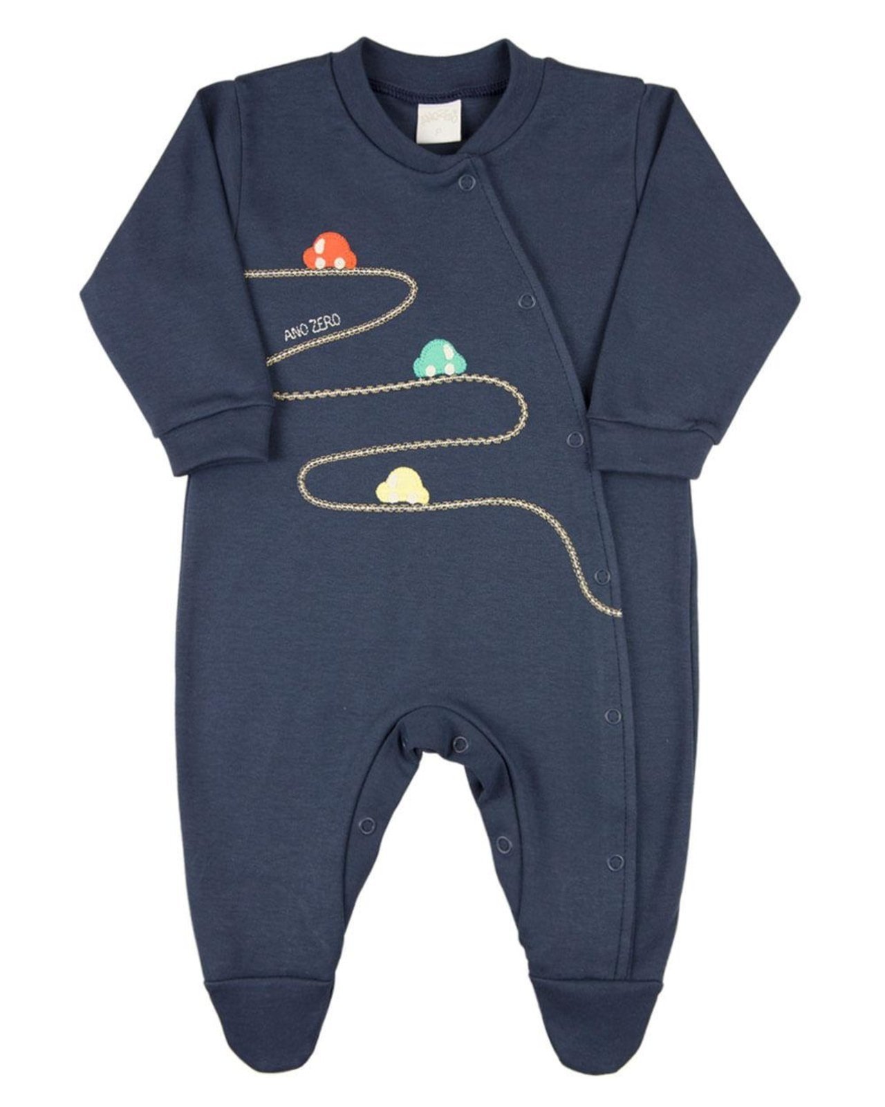 Infantil – Macacão Menino Longo Suedine Algodão Bordado Carrinhos – Marinho