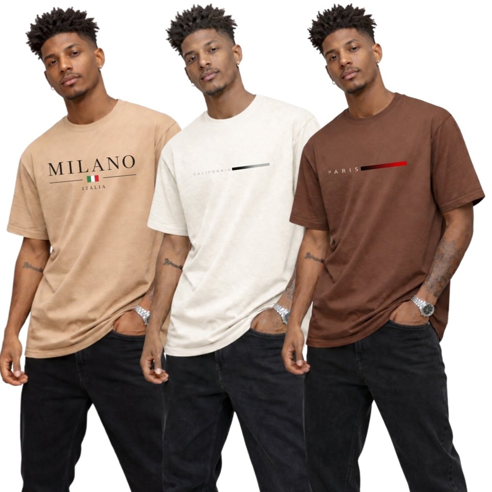 Kit 3 Camisa Masculina Camiseta Gola Redonda Algodão Cidades