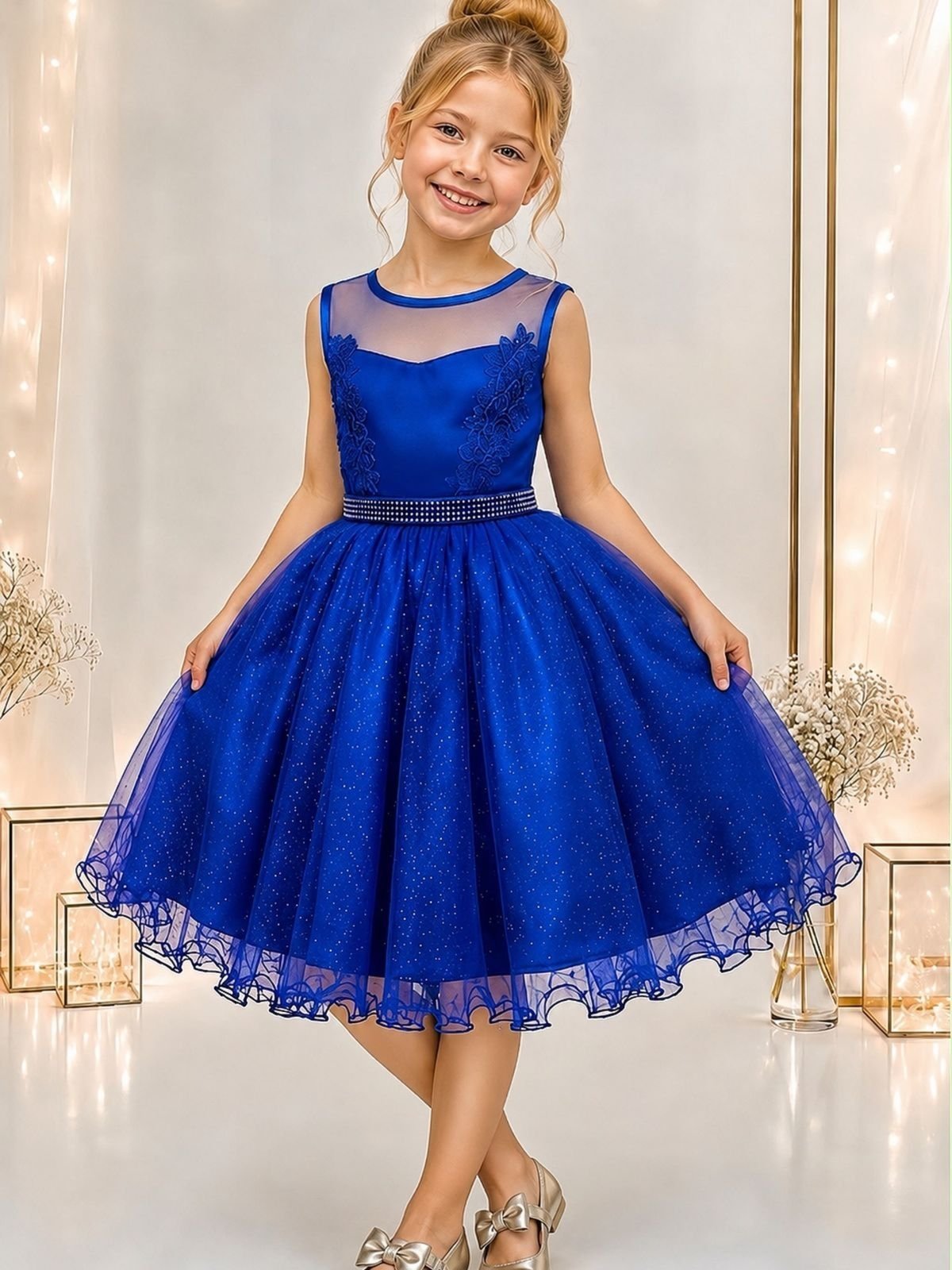 Infantil - Vestido Festa Azul Royal Cobalto Formatura Casamento Renda Dama Daminha Florista Social Menina Juvenil Pérolas Princesa Rodado Aniversário Luxo