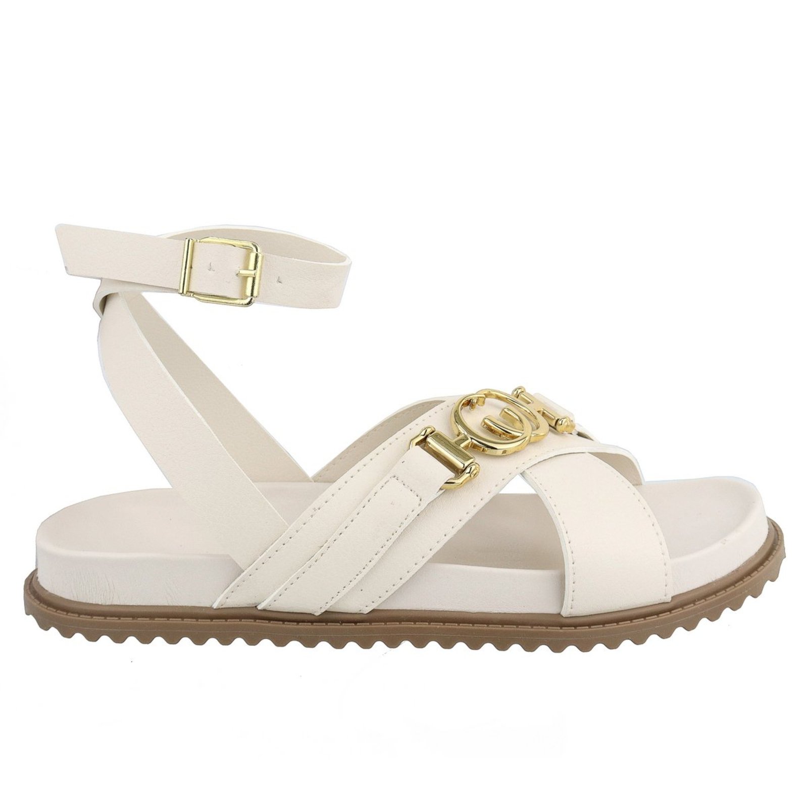 Sandália Papete Feminina Amarena Off White Detalhe Metal Tira Transversal Abotoadura Regulável Tornozelo
