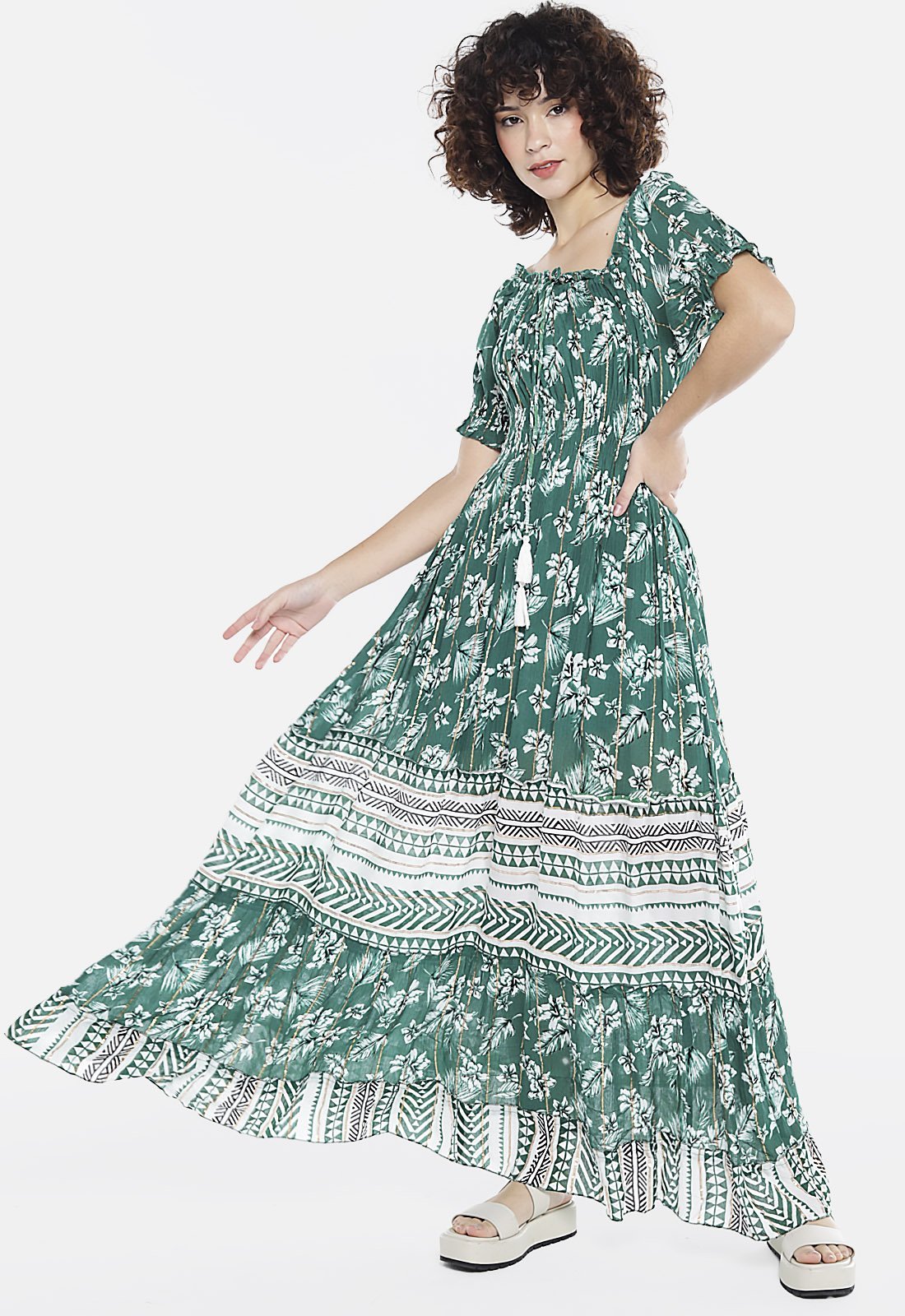 Vestido Longo com Mangas Estampado com Lurex Verde Sob