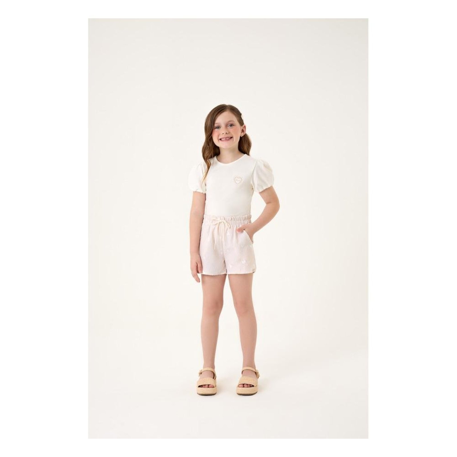 Infantil - Conjunto Feminino Camiseta Manga Bufante Shorts Listrado Somni Branco/Rosa 1 Branco