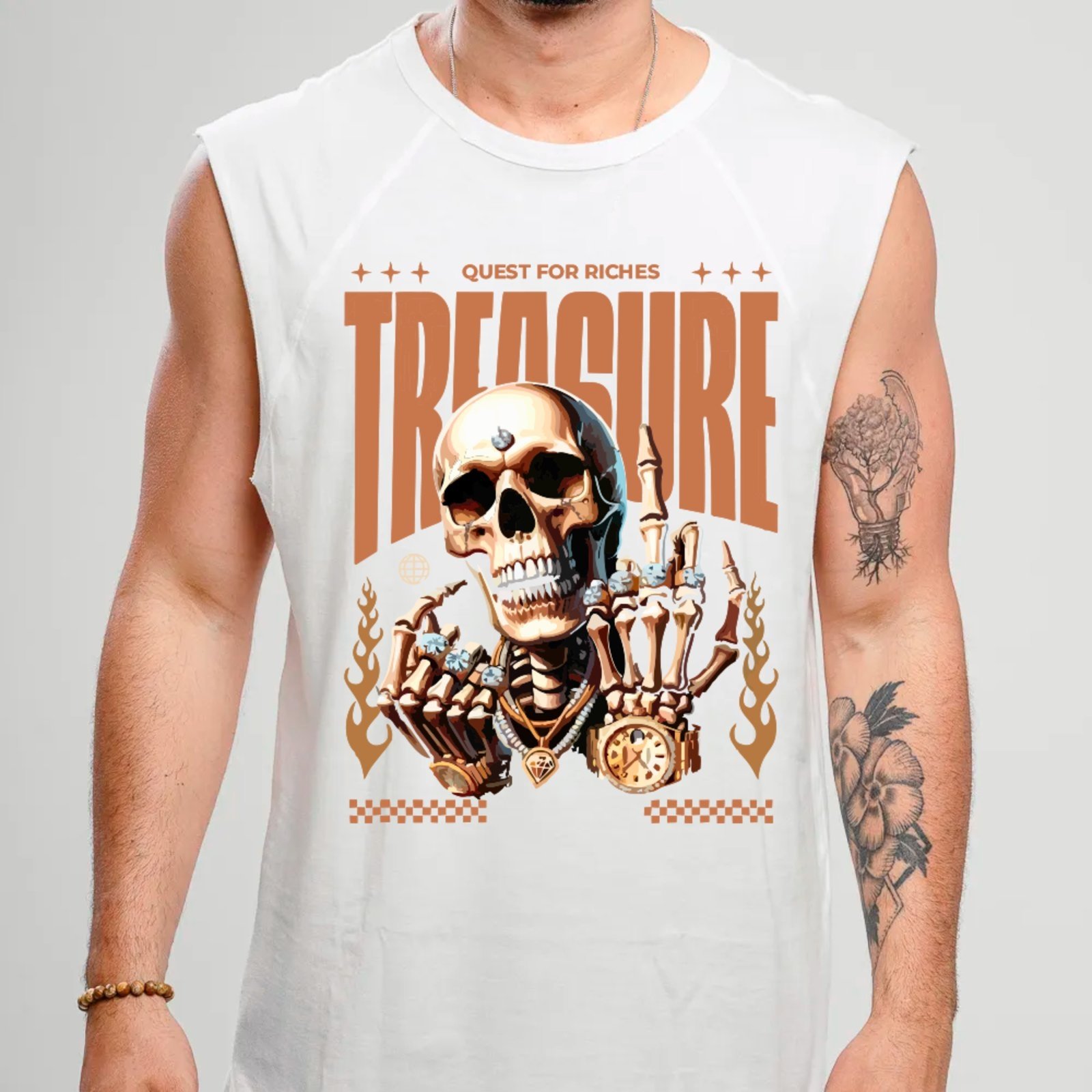 Camiseta Regata Machão Ousy Caveira de Ouro Tesouro Poder Oversized Masculina Branco