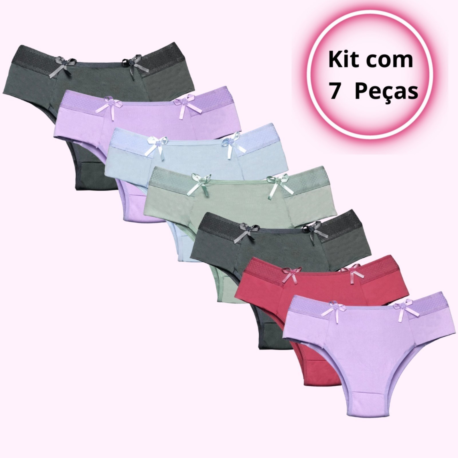 KIT 7 Calcinhas Femininas Tanga Cintura Alta Pala Lateral Dupla Conforto Lingerie