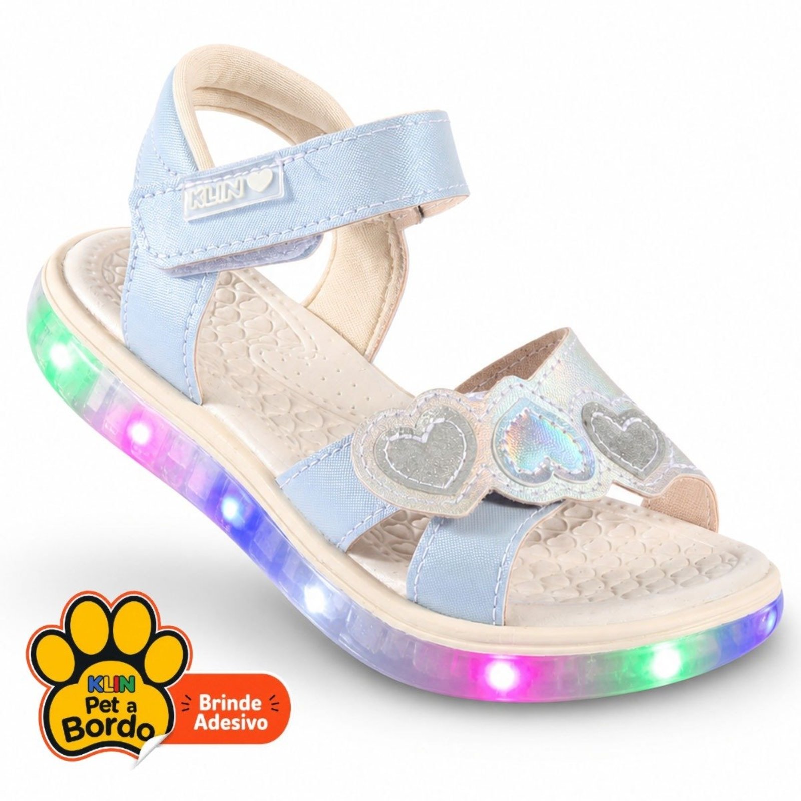 Infantil - Sandália Papete Menina Klin Light com LED Colorido, Anatômica e Detalhe de Corações