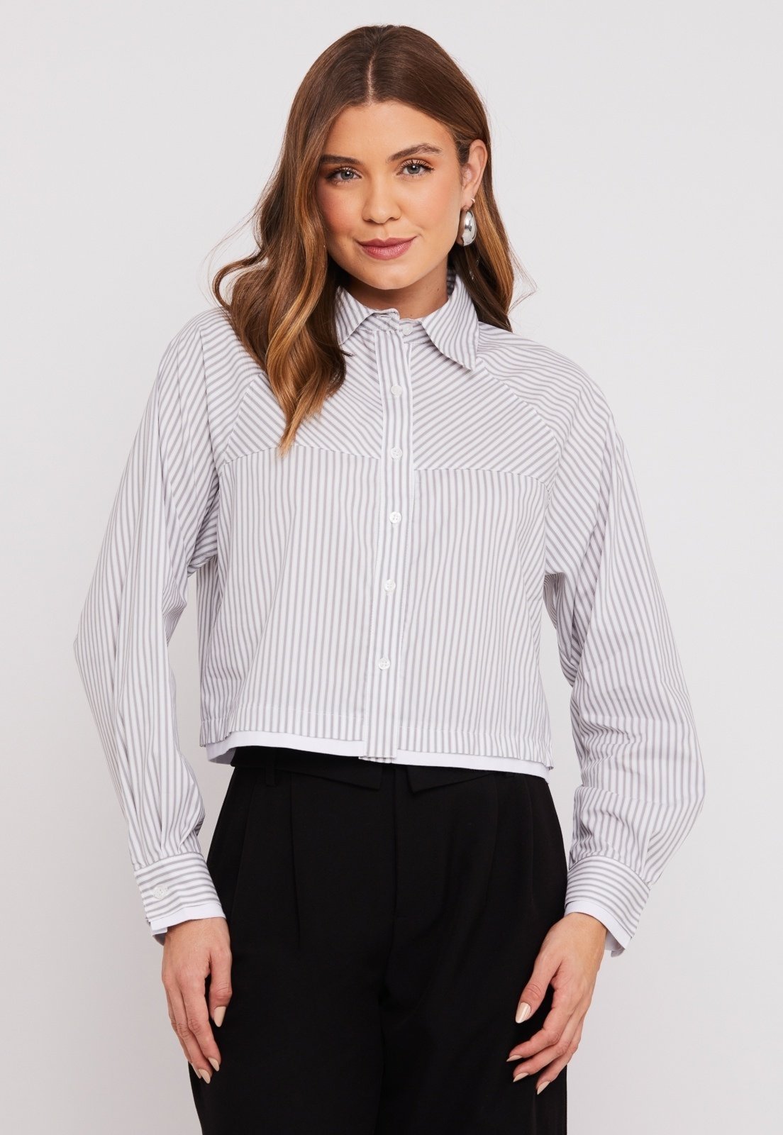 Camisa Tricoline Listrado Cinza Miss Joy 8150 Feminino