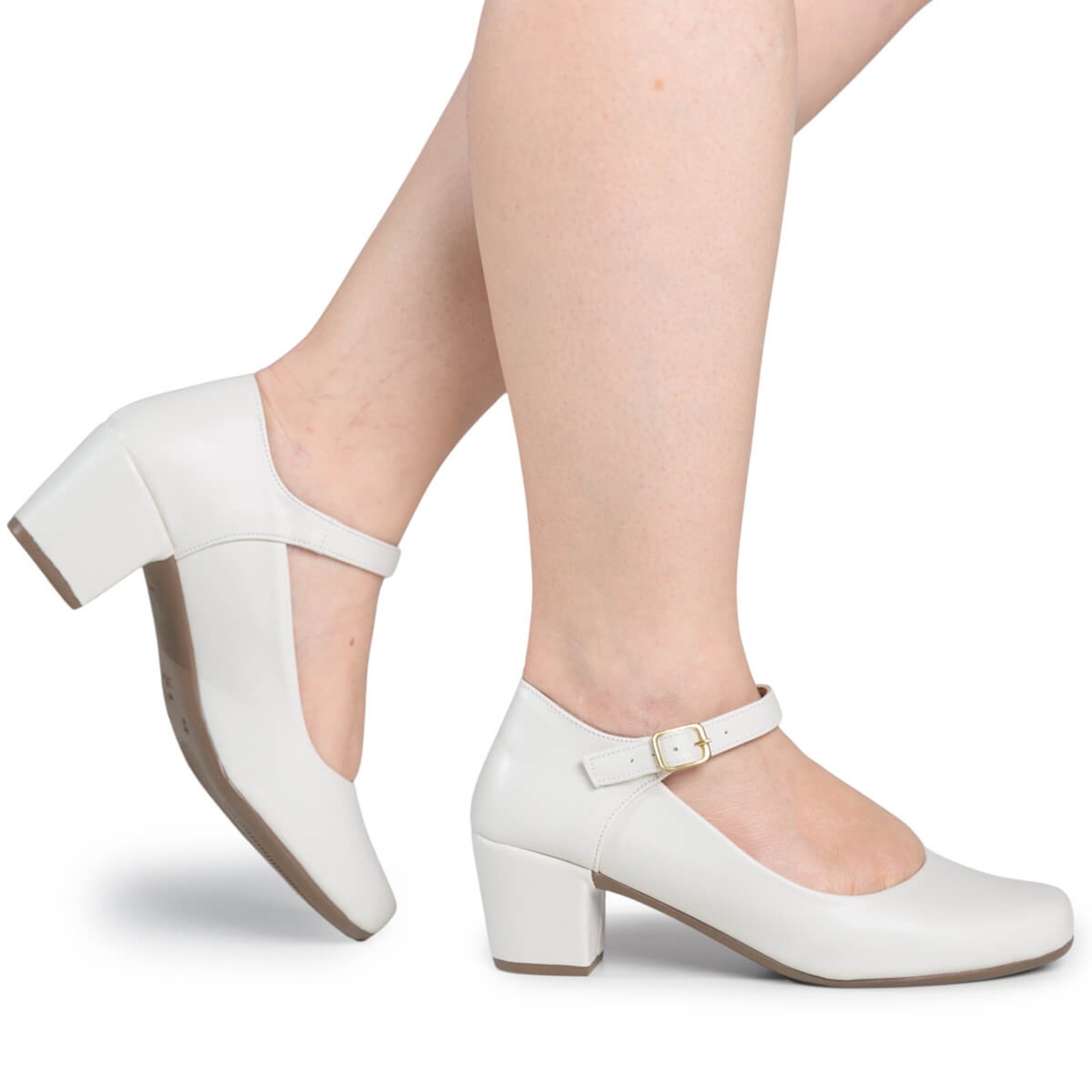 Sapato Boneca Feminino Social Bico Quadrado Salto Grosso Confortável Via Angel 8901 Off White