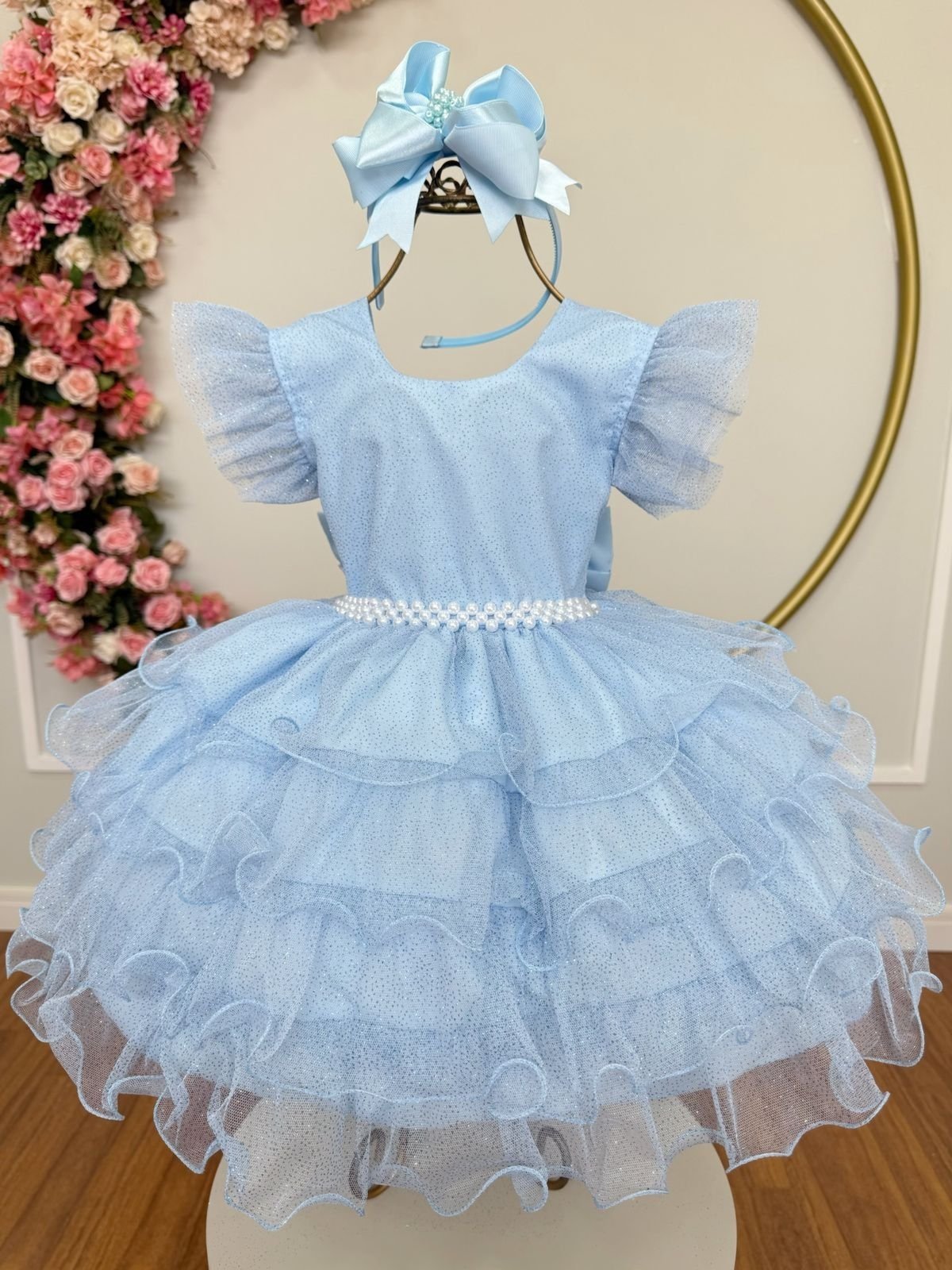 Infantil - Vestido Festa Azul Claro Serenity Formatura Florista Casamento Babados Dama Daminha Social Menina Juvenil Pérolas Princesa Rodado Aniversário Luxo