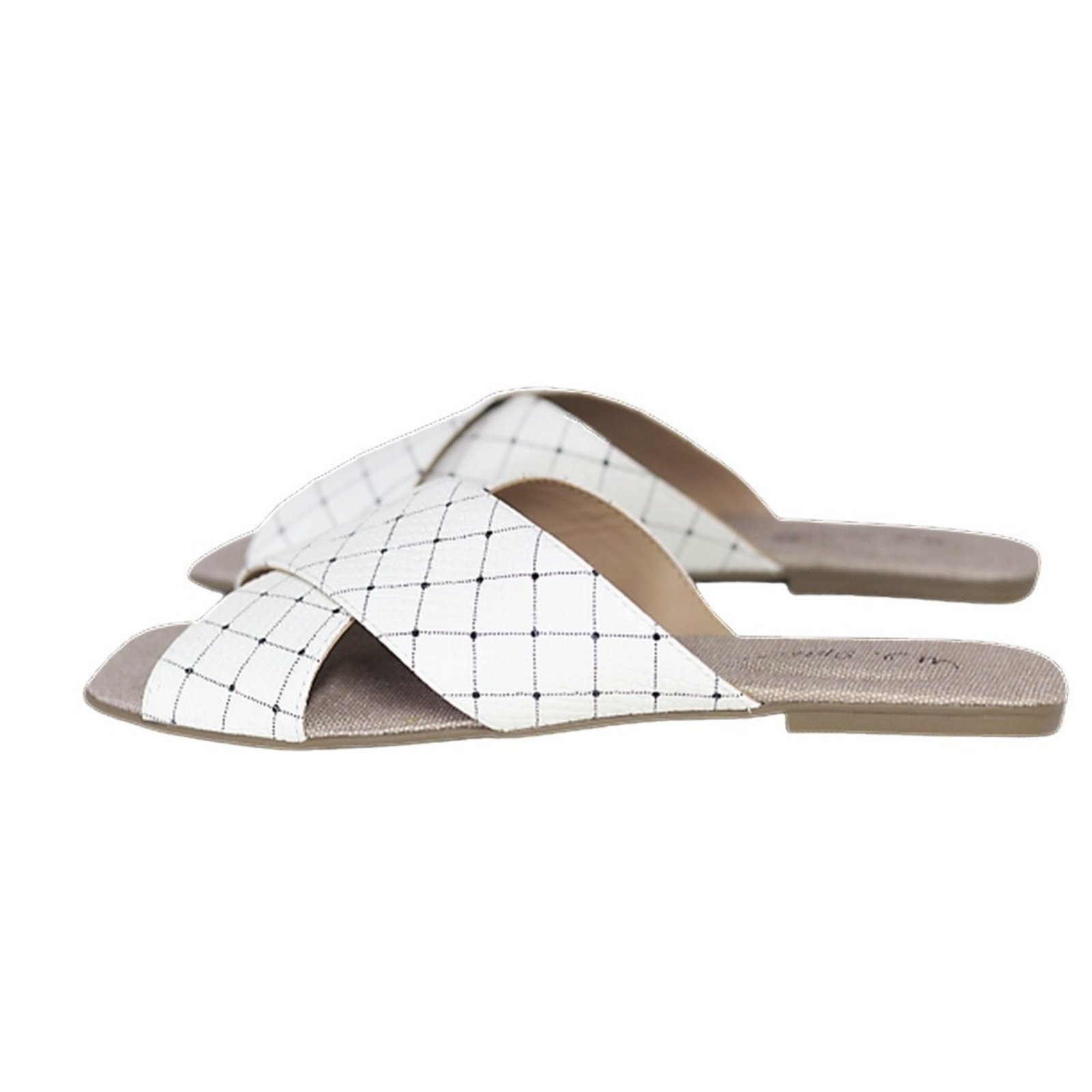 Chinelo Rasteirinha Tiras em Couro Branco Quadriculado Spinelli