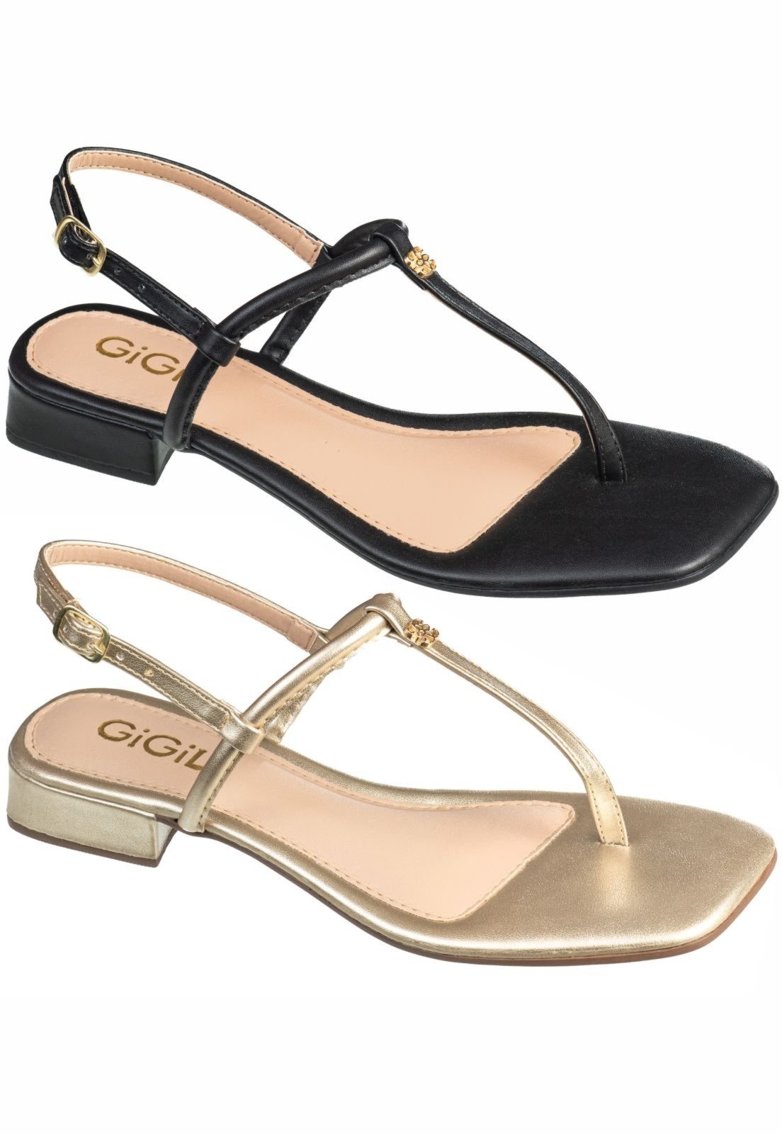 Kit 2 Pares Sandália Feminina GiGiL Rasteira De Dedo Salto Baixo Confortável Detalhe Metalizado Dourado/Preto