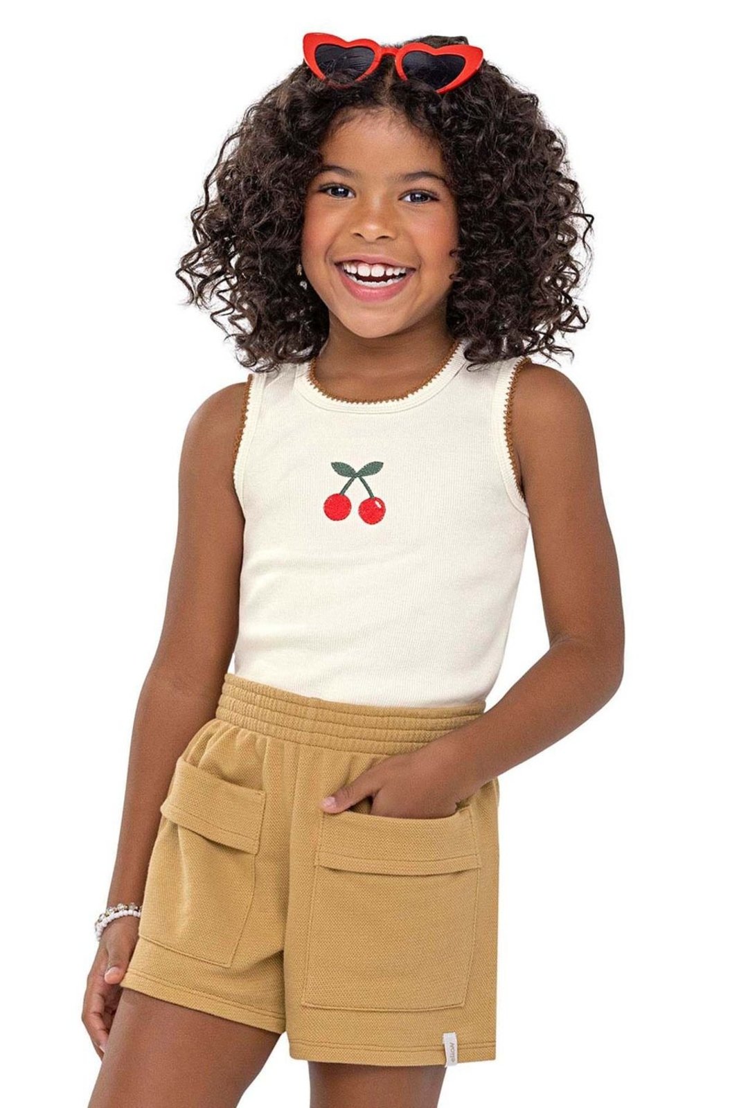 Infantil - Conjunto Menina Bordado Cereja Elian Bege