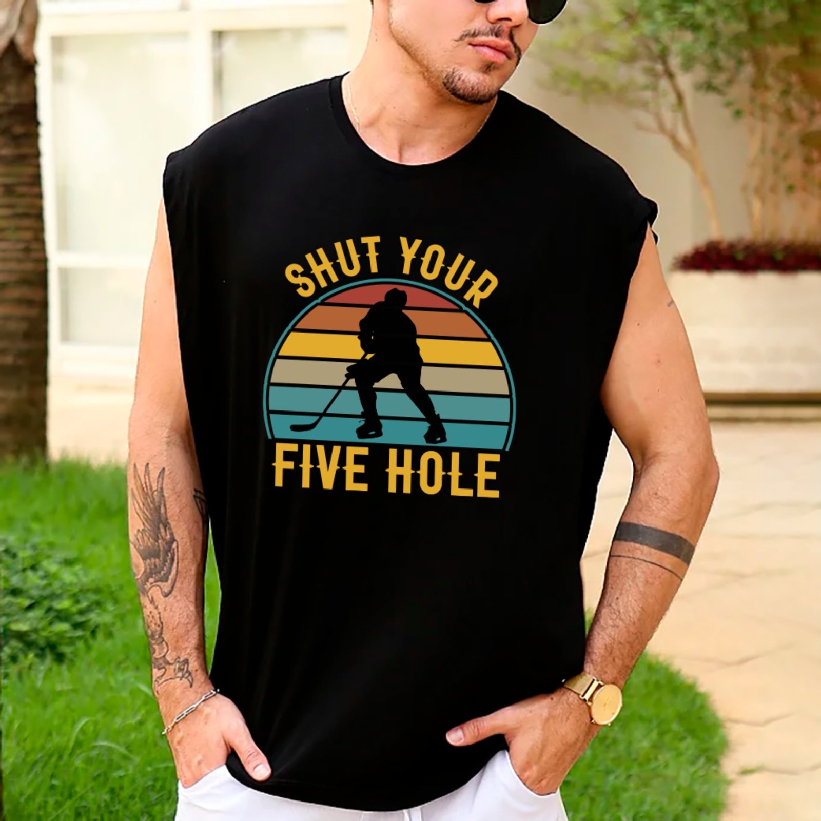 Camiseta Regata Machão Ousy Shut Your Five Hole Oversized Masculina Preto