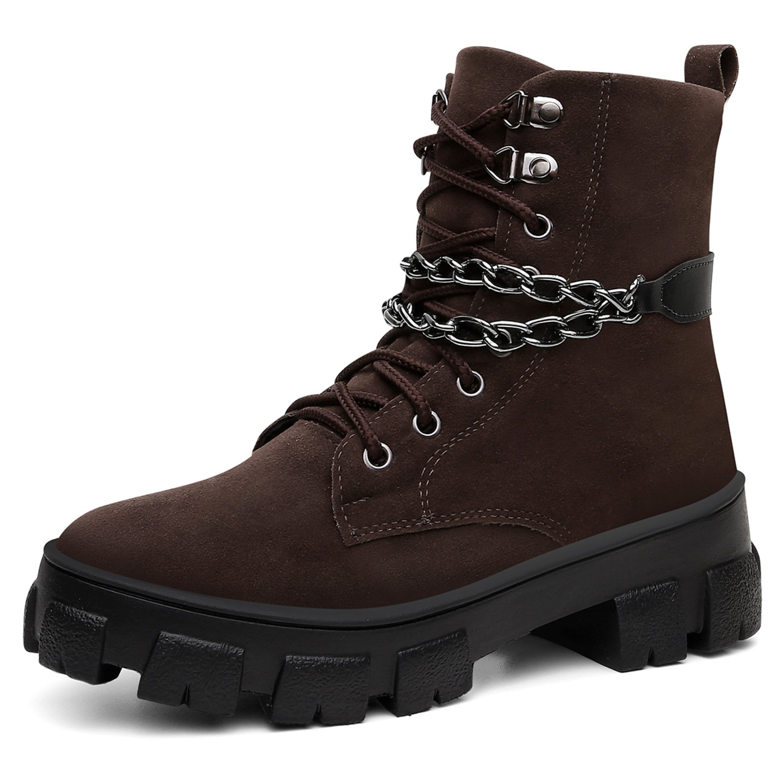 Bota Coturno Tratorada Feminina Café Marrom Camurça Correntes Moda Santa Rosa
