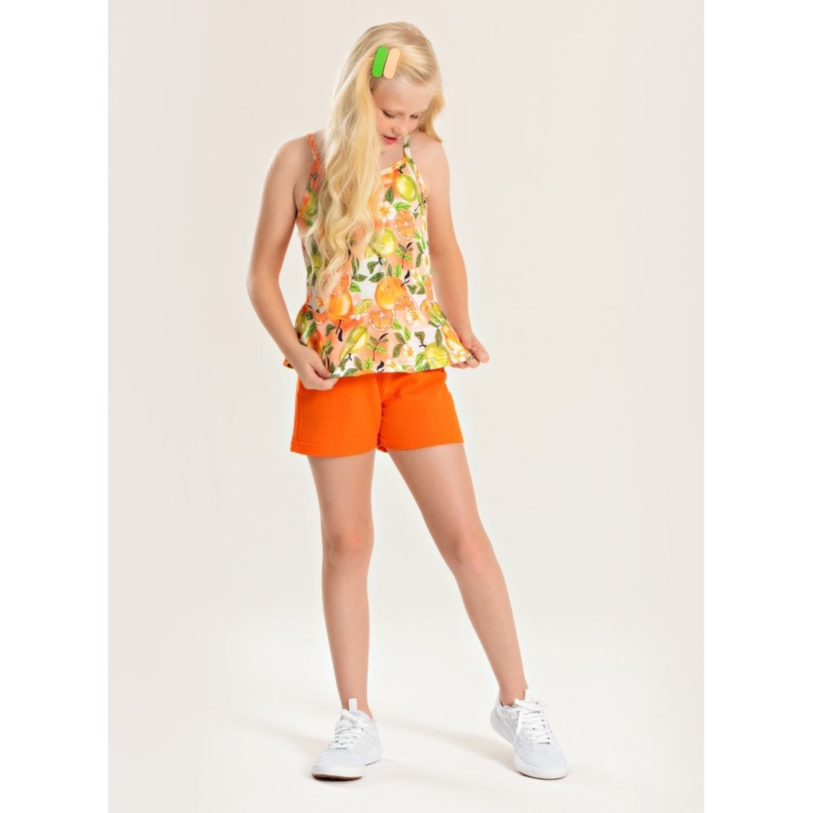 Infantil – Conjunto Molekada Verão Menina Laranja Regata com Babado e Shorts Frutas tropicais