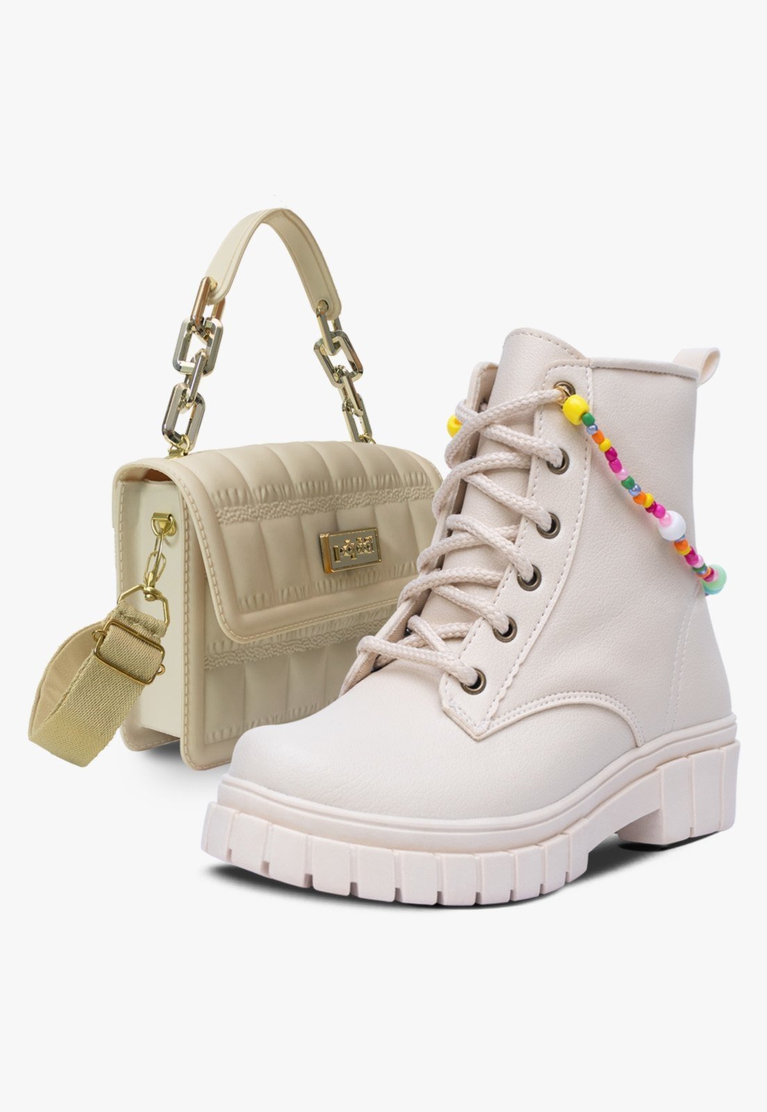 Infantil - Kit Bolsa Pulseira e Bota Coturno Popidi Menina Feminina Tratorado Off White