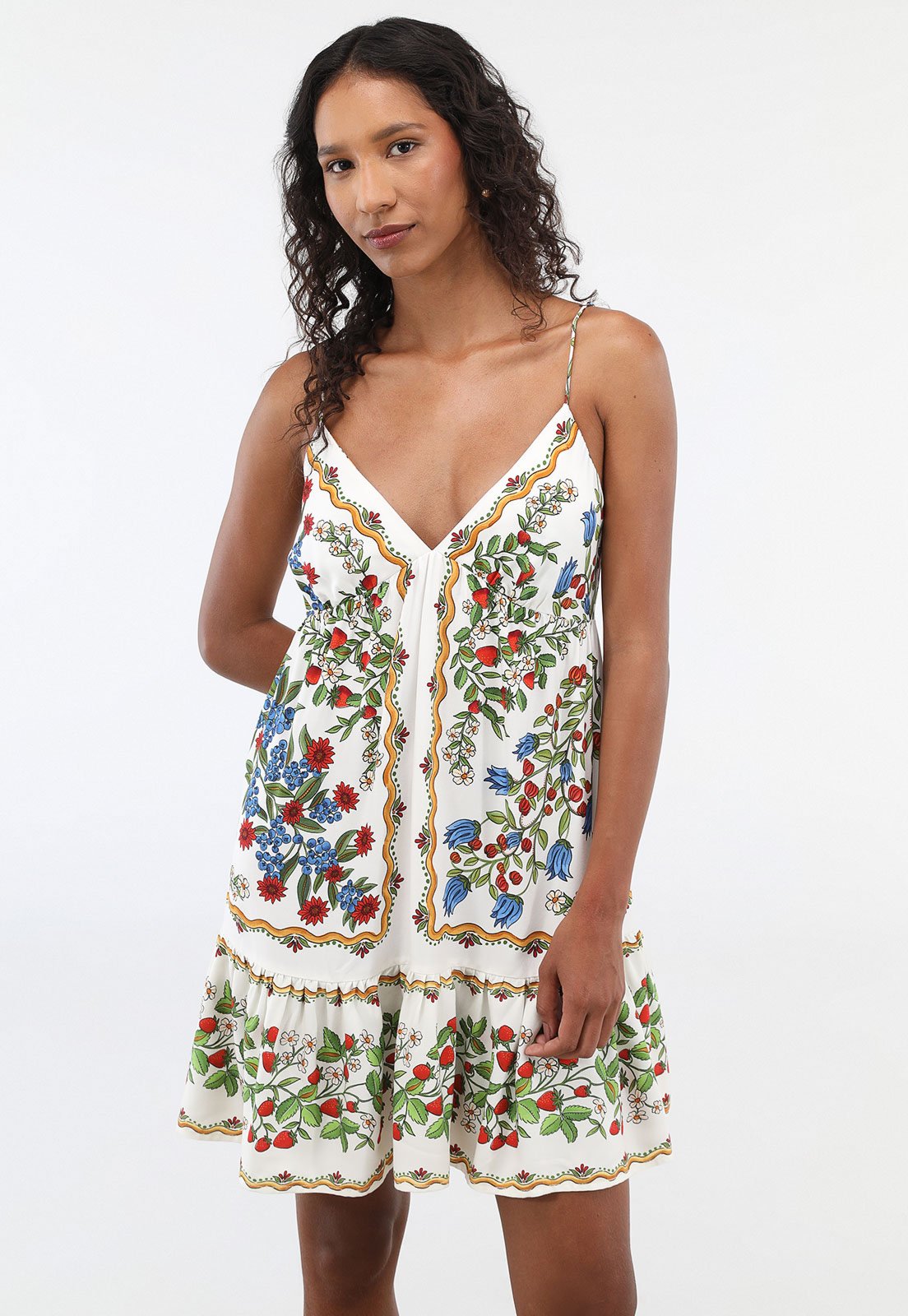 Vestido Feminino FARM Estampa Floral Babados Off-White