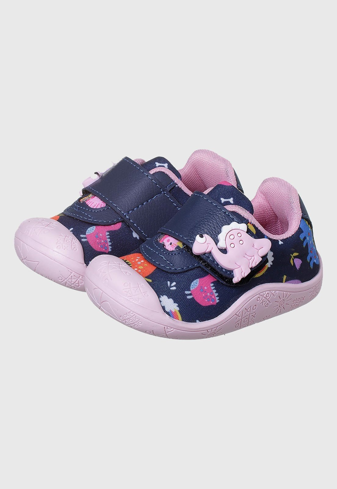 Infantil – Tênis Meia Menina Antiderrapante Dinossauro Marinho Rosa tep