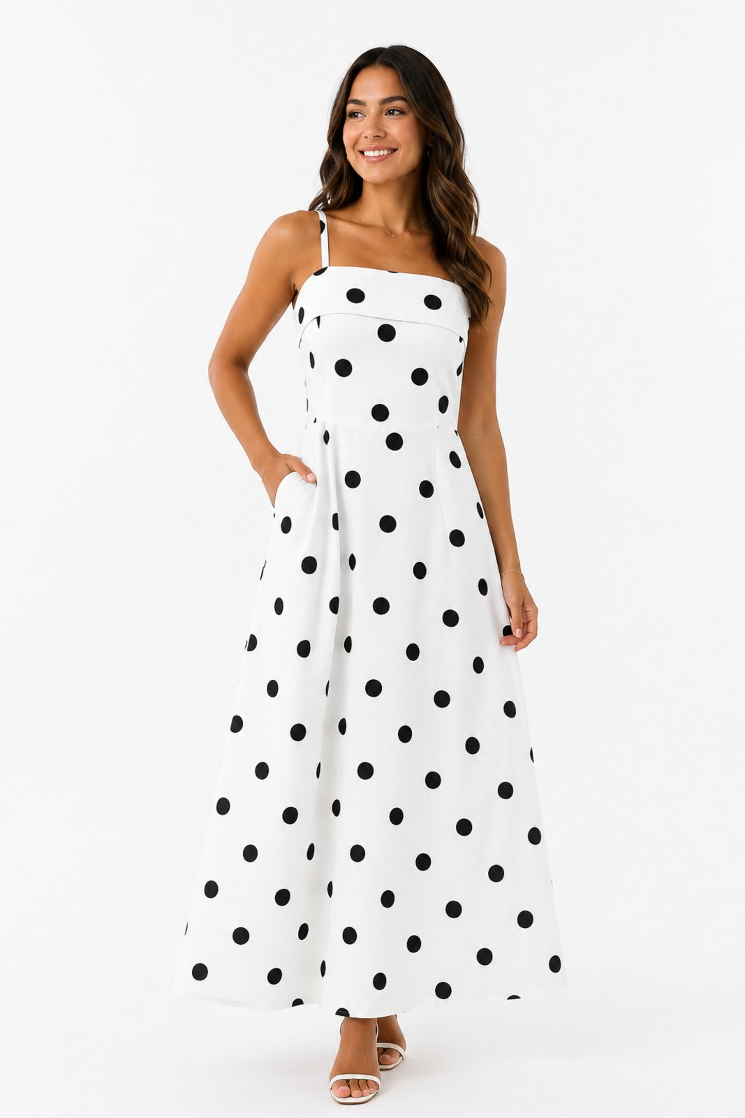 Vestido Longo D Bell Outlet Fashion Alça Fina Poá Branco