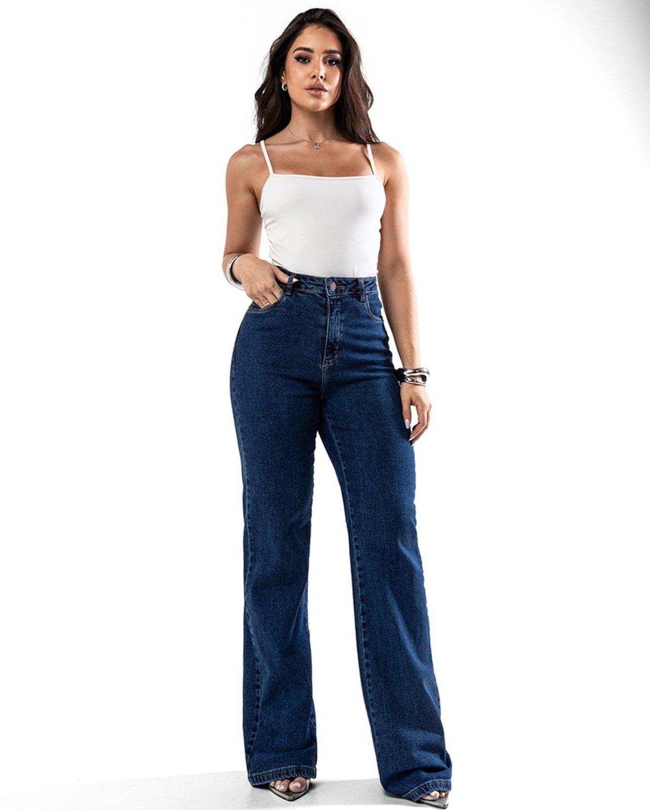 Calça Jeans Wide Leg Feminina Cintura Alta Básica com Elastano 28000 Escura Consciência