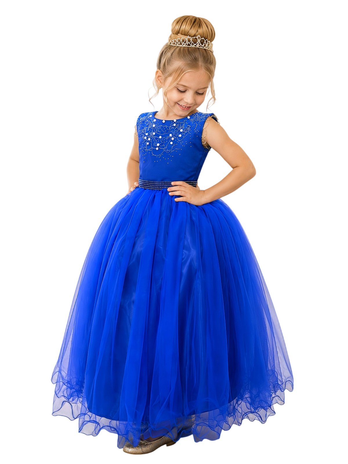 Infantil - Vestido Longo Azul Cobalto Royal Formatura Casamento Dama Daminha Social Menina Juvenil Festa Pérolas Juvenil Princesa Rodado Florista Aniversário Luxo