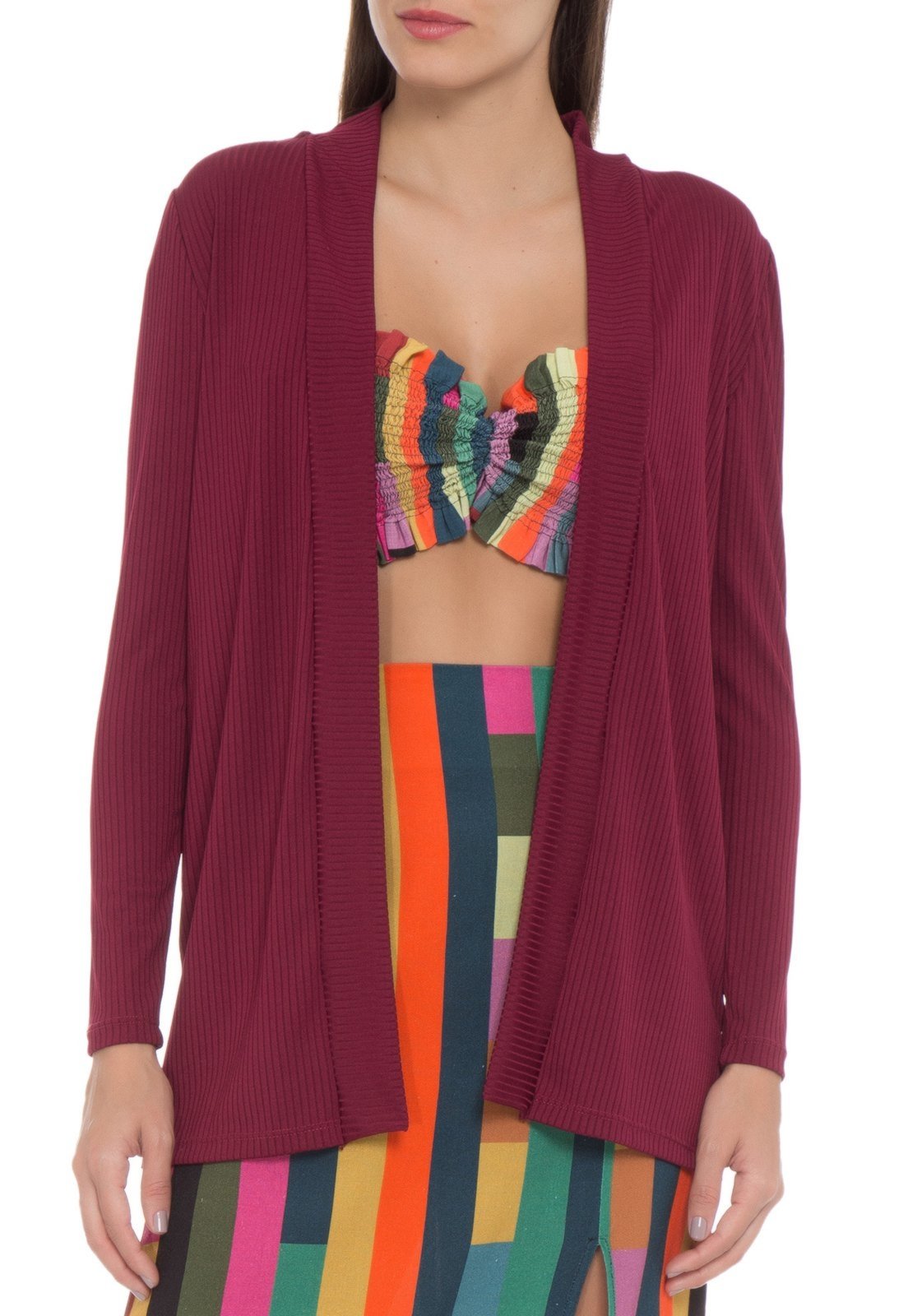 Cardigan Kimono Canelado Mood Modas Cardigã Feminino Aberto Casaco Blazer 166 Vermelho