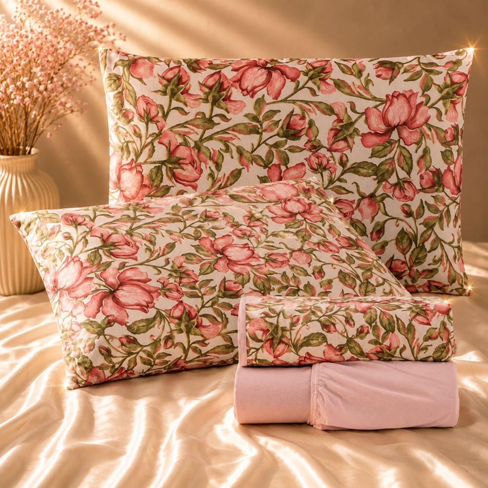 Jogo de Cama Lençol Malha Grossa Fio Penteado 100% Algodão Casal 4 Peças - Floral Rosê