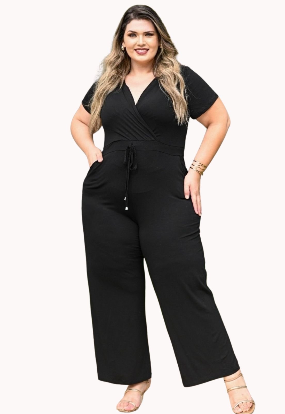Macacão Plus Size Longo Com Manga Decote Transpassado Juquitiba Brasil Preto