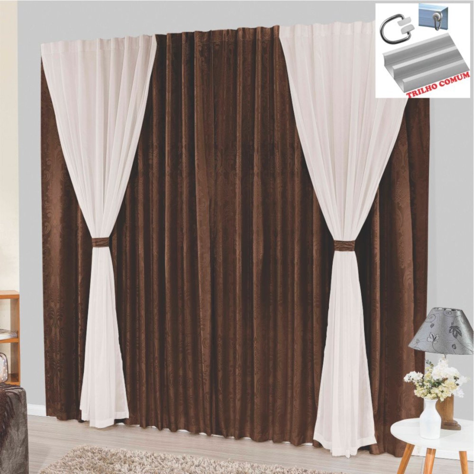 Cortina Bhaly Jacquard e Voal 2,00 X 1,70 Para Trilho Comum - Tabaco
