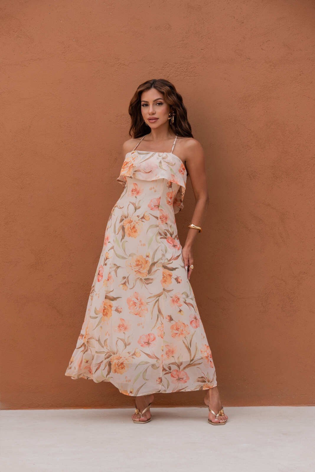 Vestido Midi Floral Feminino com Babado e Alças Lemier Collection