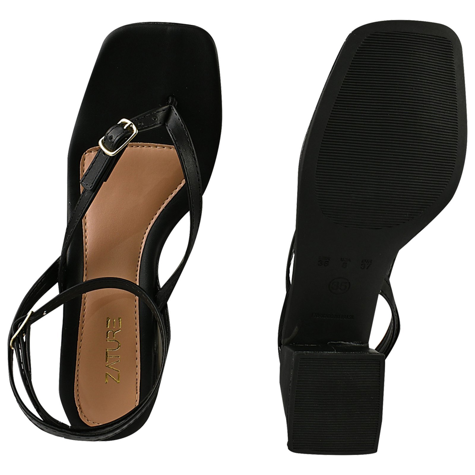 Vista 3 Sandália Feminino Tamanco de Dedo Saltinho Baixo Confortável Bico Quadrado Ouro ZATURE STORES ouro velho ZATURE STORES ouro velho