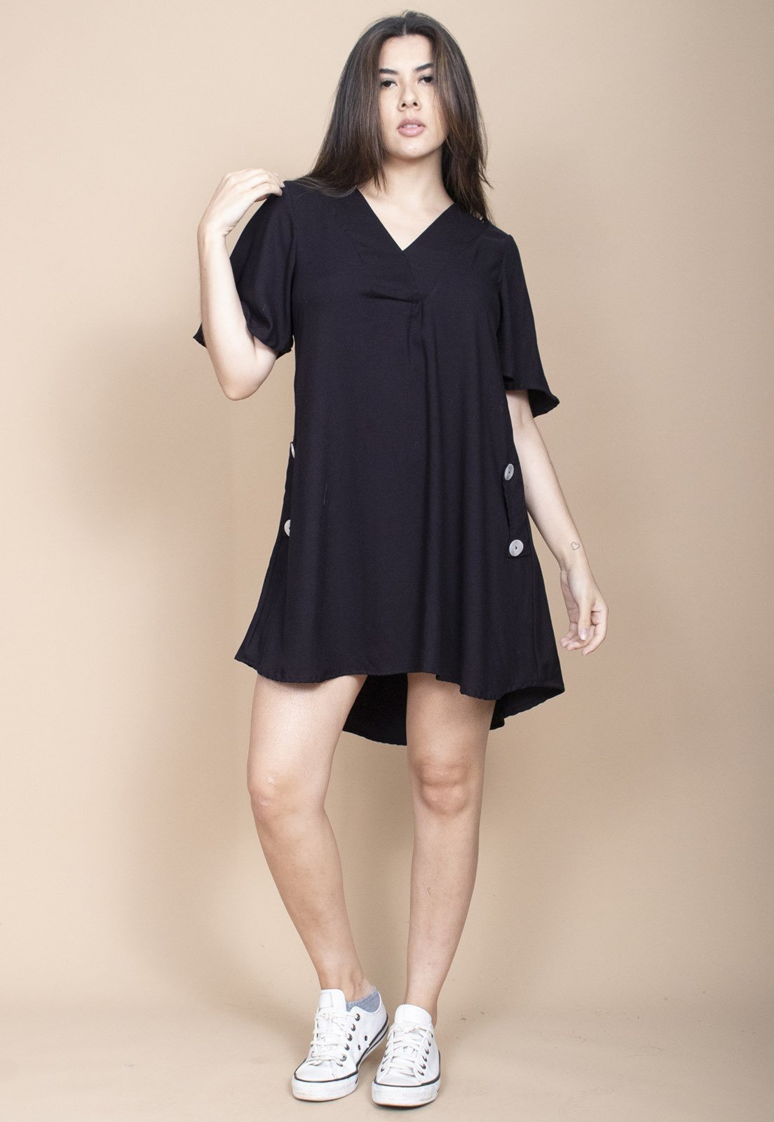 Vestido Curto Cabanafree Pataxô Viscose Mullet Decote V Preto